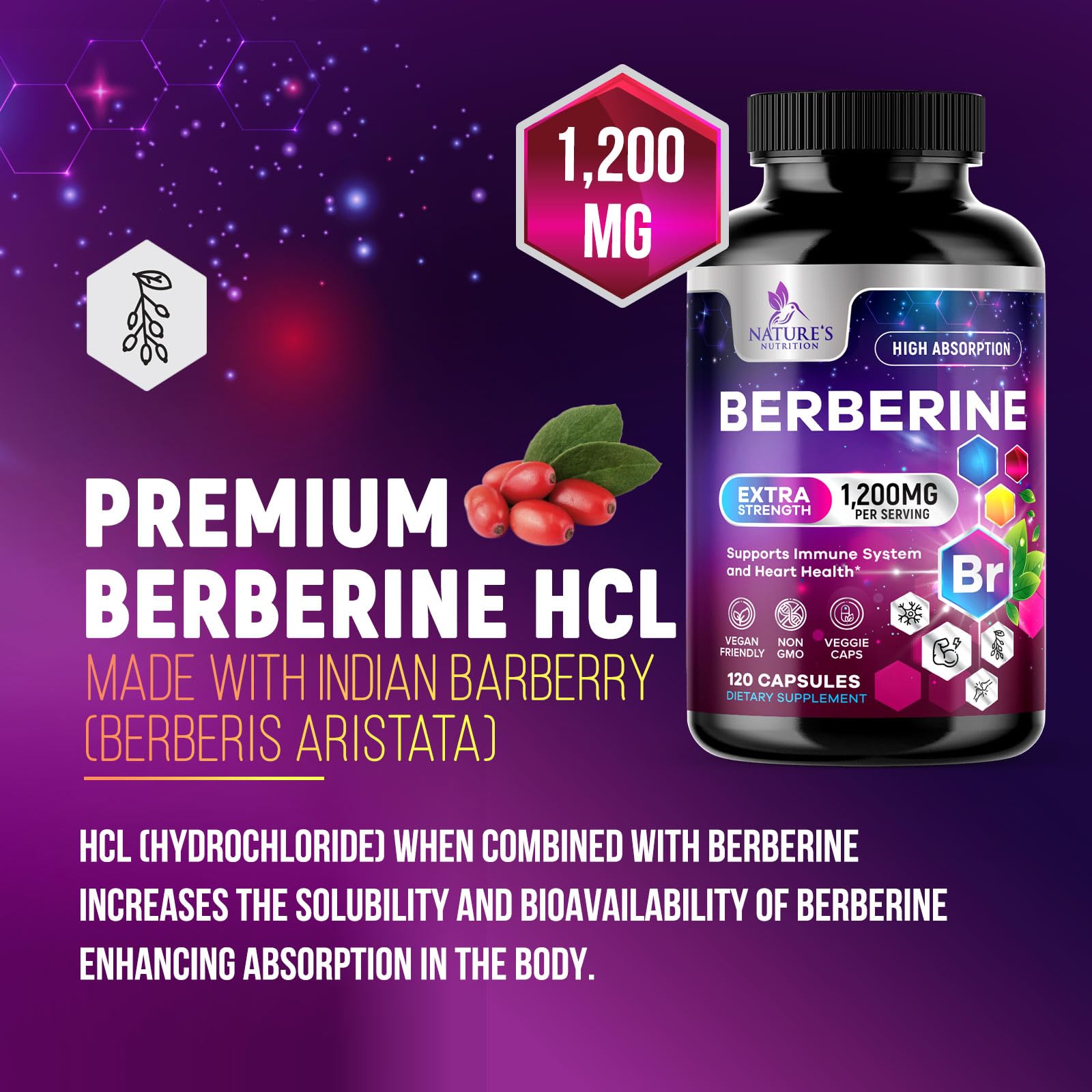 Foto 4 pulgar | Suplemento Nature's Nutrition Berberine Hcl 1200 Mg 120 Cápsulas - Venta Internacional.