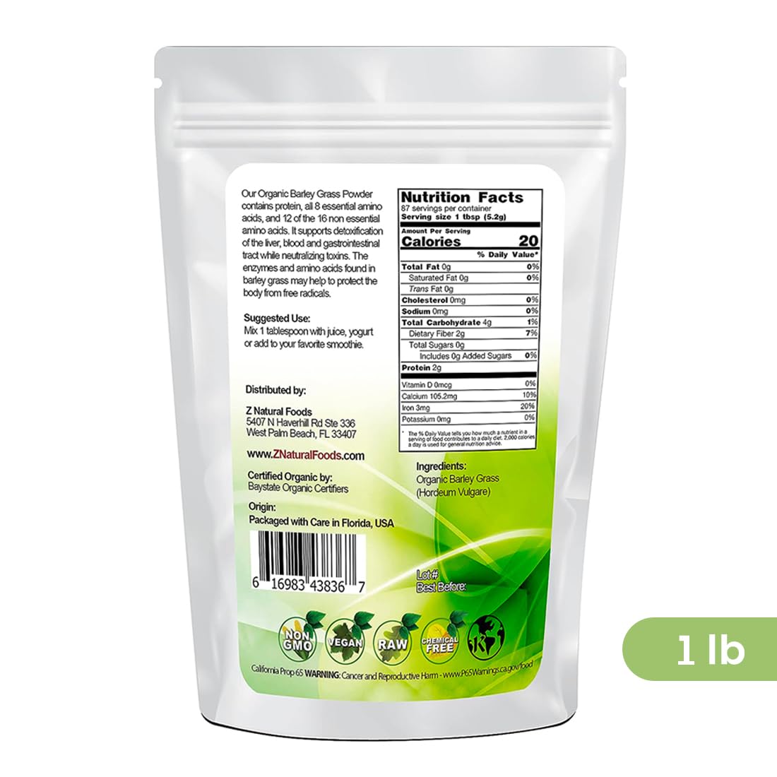 Foto 3 pulgar | Hierba De Cebada Orgánica En Polvo Z Natural Foods 454 G - Venta Internacional.
