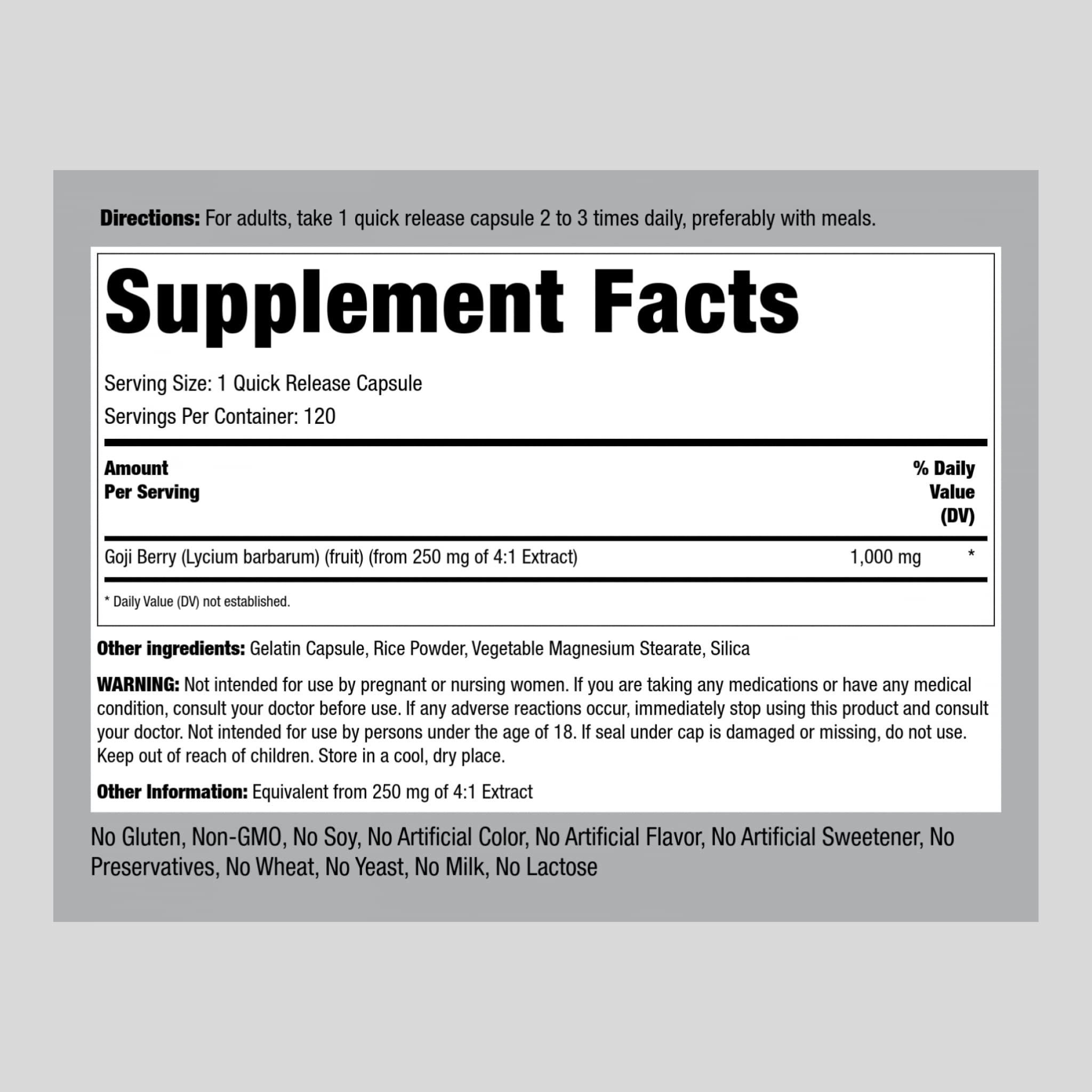 Foto 3 pulgar | Suplemento Piping Rock Goji Berry 1000 Mg 120 Cápsulas - Venta Internacional.