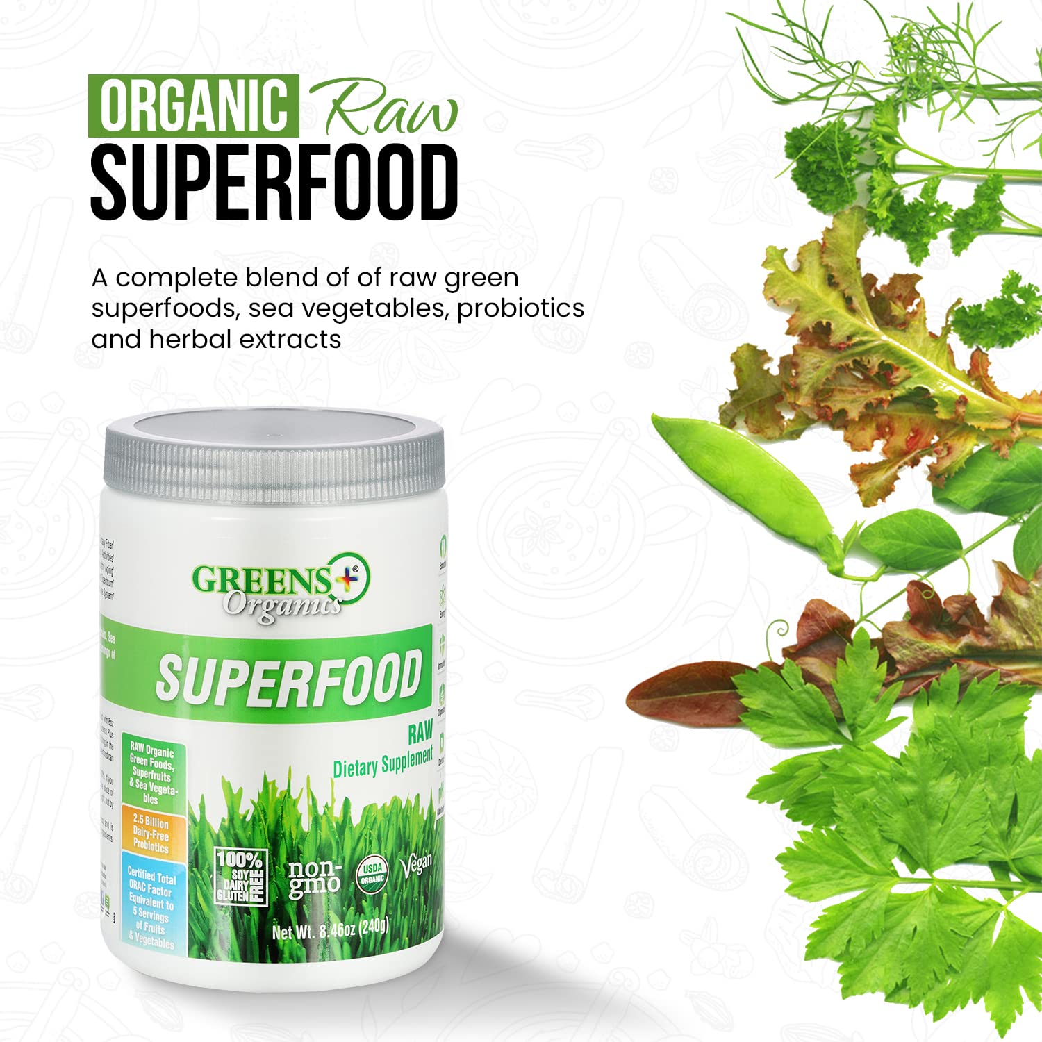 Foto 4 pulgar | Superfood Powder Greens+ Organic Raw Inmune Support 250 Ml - Venta Internacional.
