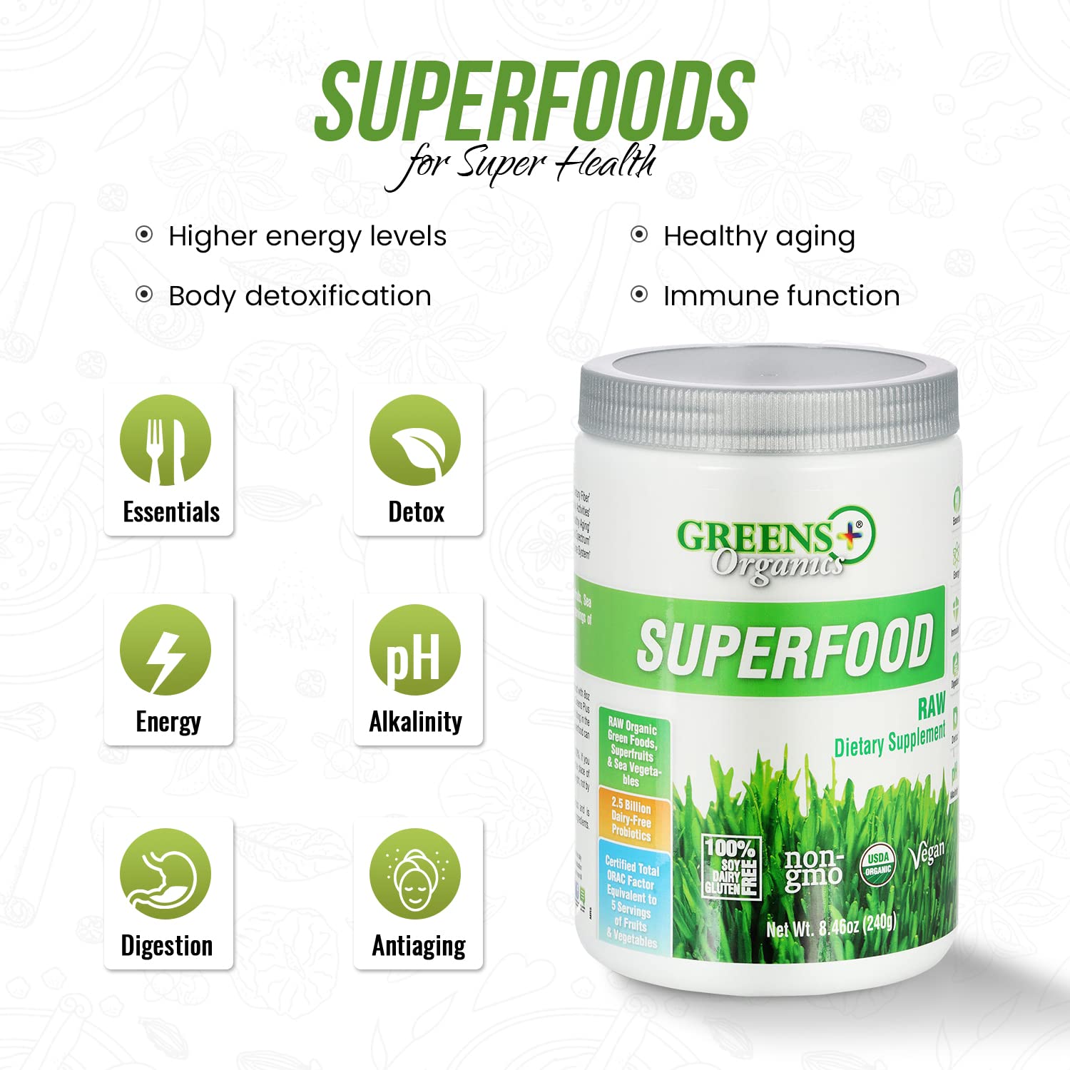 Foto 6 pulgar | Superfood Powder Greens+ Organic Raw Inmune Support 250 Ml - Venta Internacional.