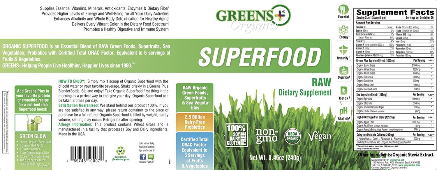 Foto 8 pulgar | Superfood Powder Greens+ Organic Raw Inmune Support 250 Ml - Venta Internacional.