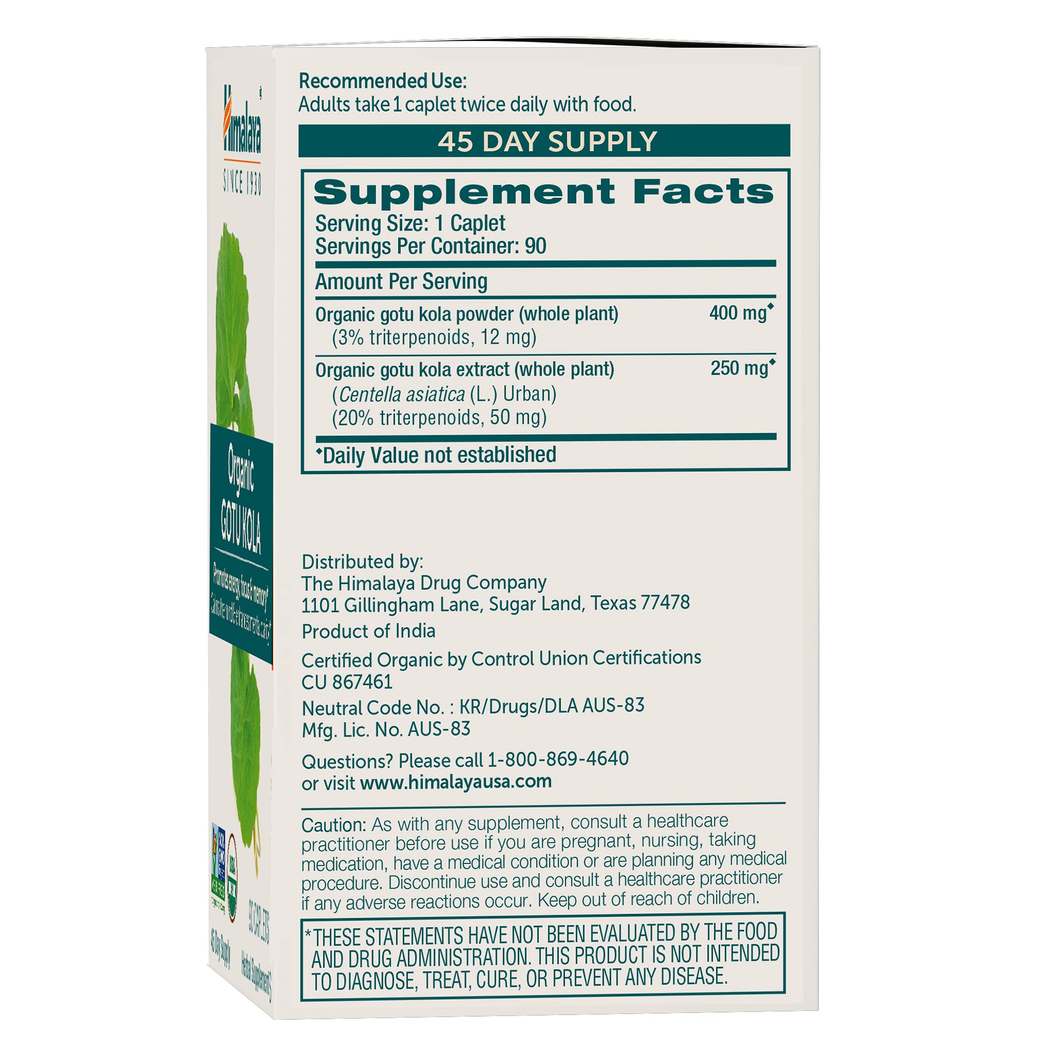 Foto 3 pulgar | Suplemento Himalaya Organic Gotu Kola 90 Cápsulas - Venta Internacional.