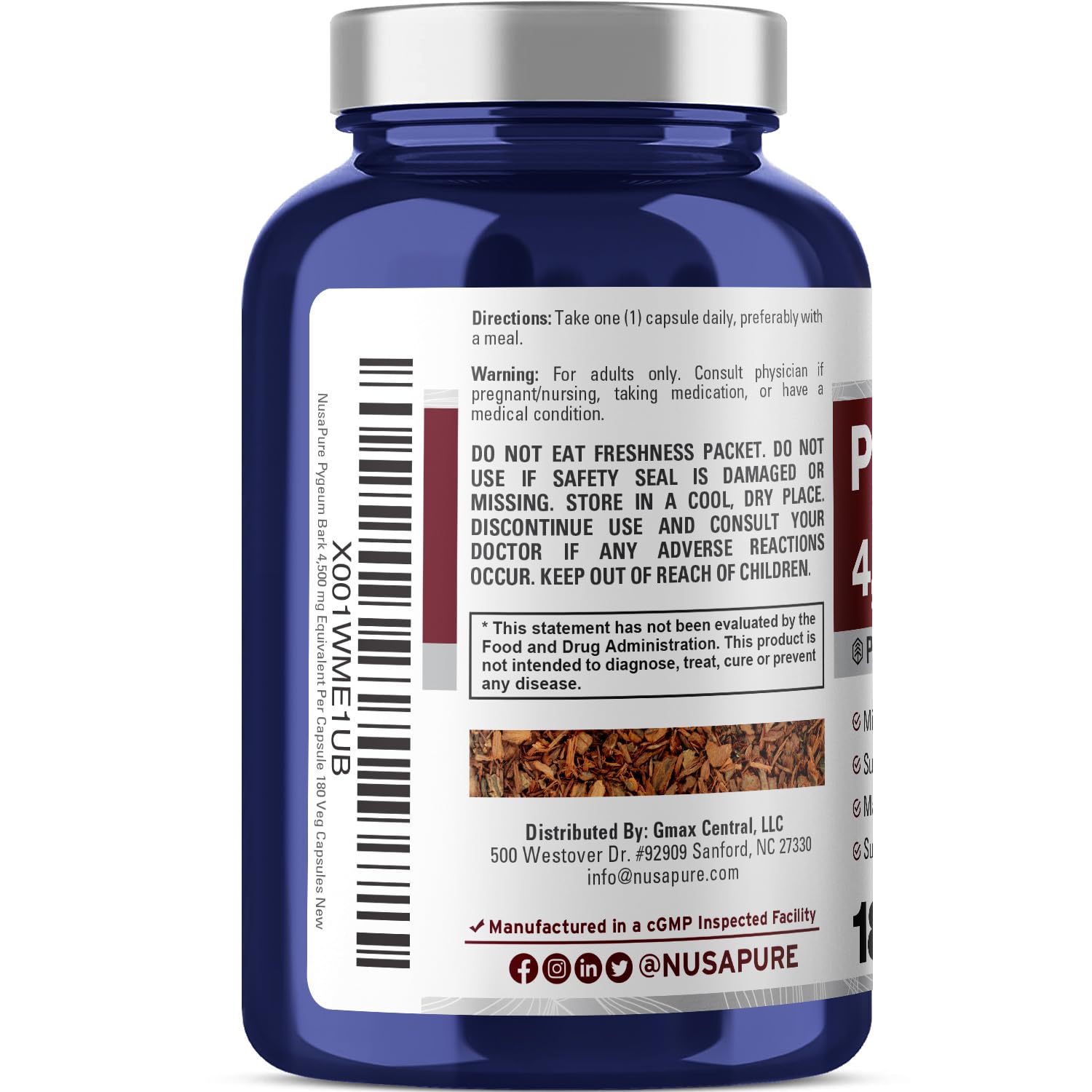 Foto 4 pulgar | Suplemento Nusapure Pygeum Bark 4500 Mg 180 Cápsulas Vegetarianas - Venta Internacional