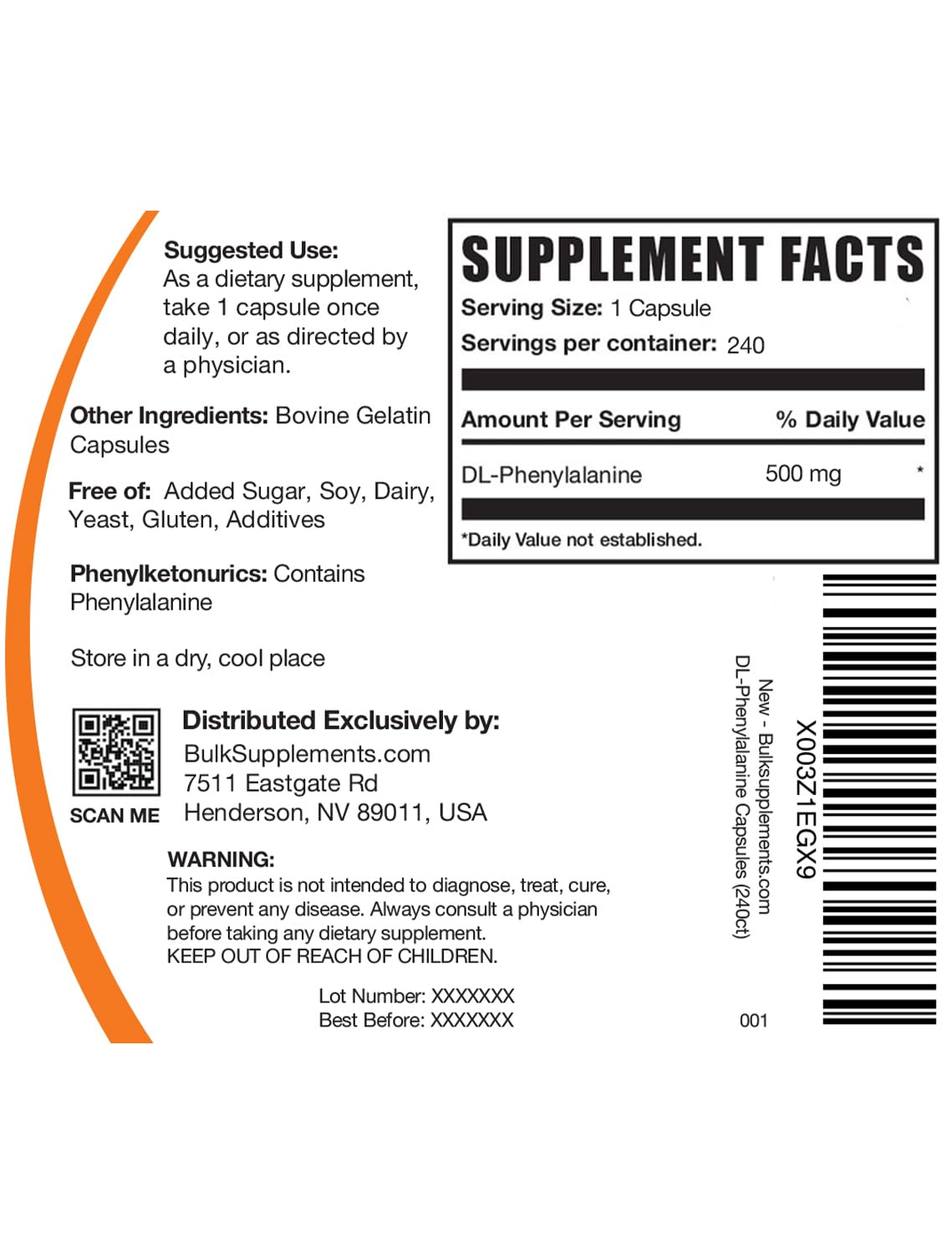 Foto 3 pulgar | Supplement Bulksupplements.com Dl-fenilalanina 500 Mg 240 Cápsulas - Venta Internacional.