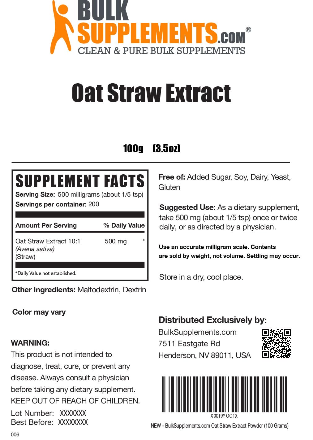 Foto 3 pulgar | Suplemento Bulksupplements.com Extracto De Paja De Avena 100 G - Venta Internacional.