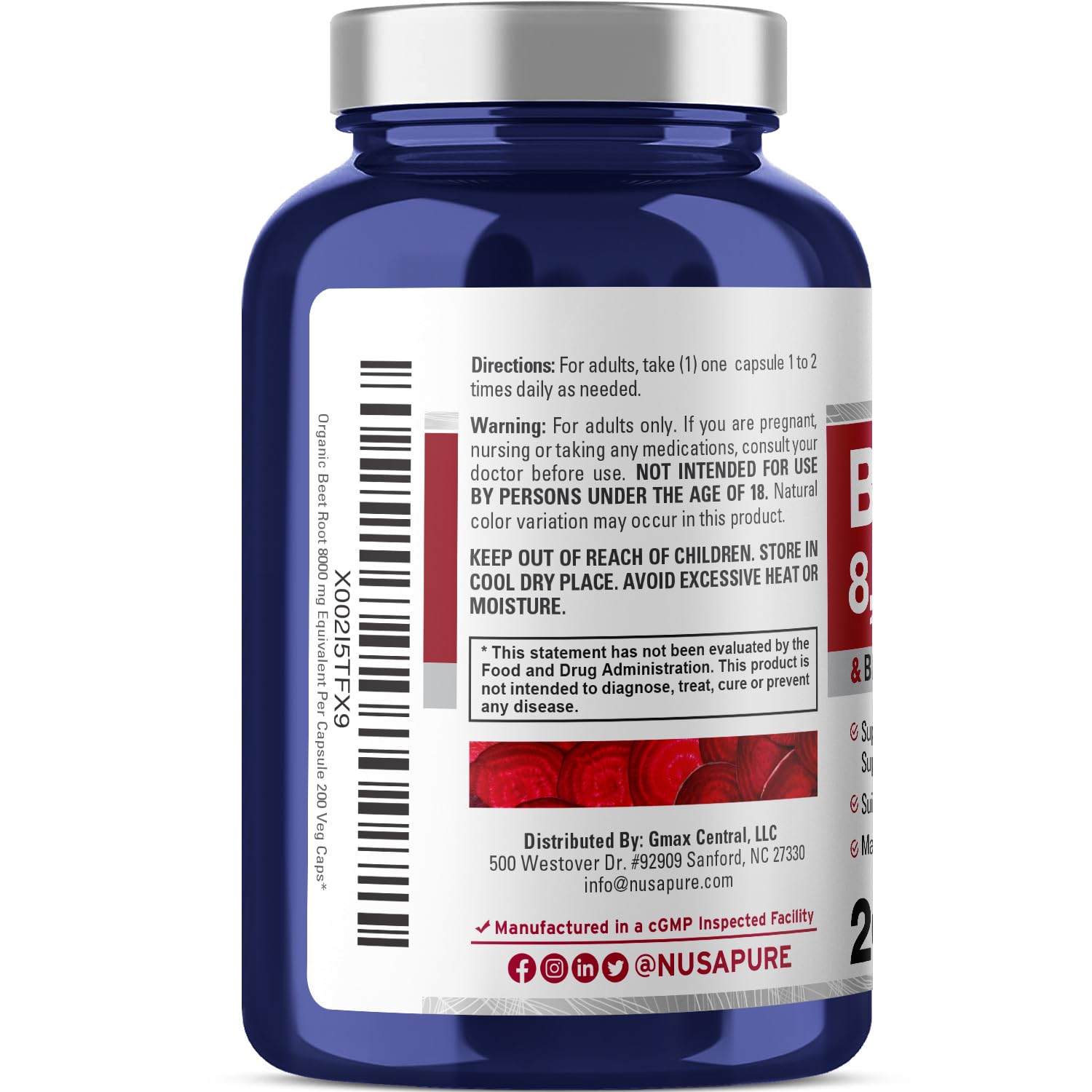 Foto 4 pulgar | Suplemento Nusapure De Raíz De Remolacha De 8000 Mg Con Pimienta Negra, 200 Cápsulas - Venta Internacional.