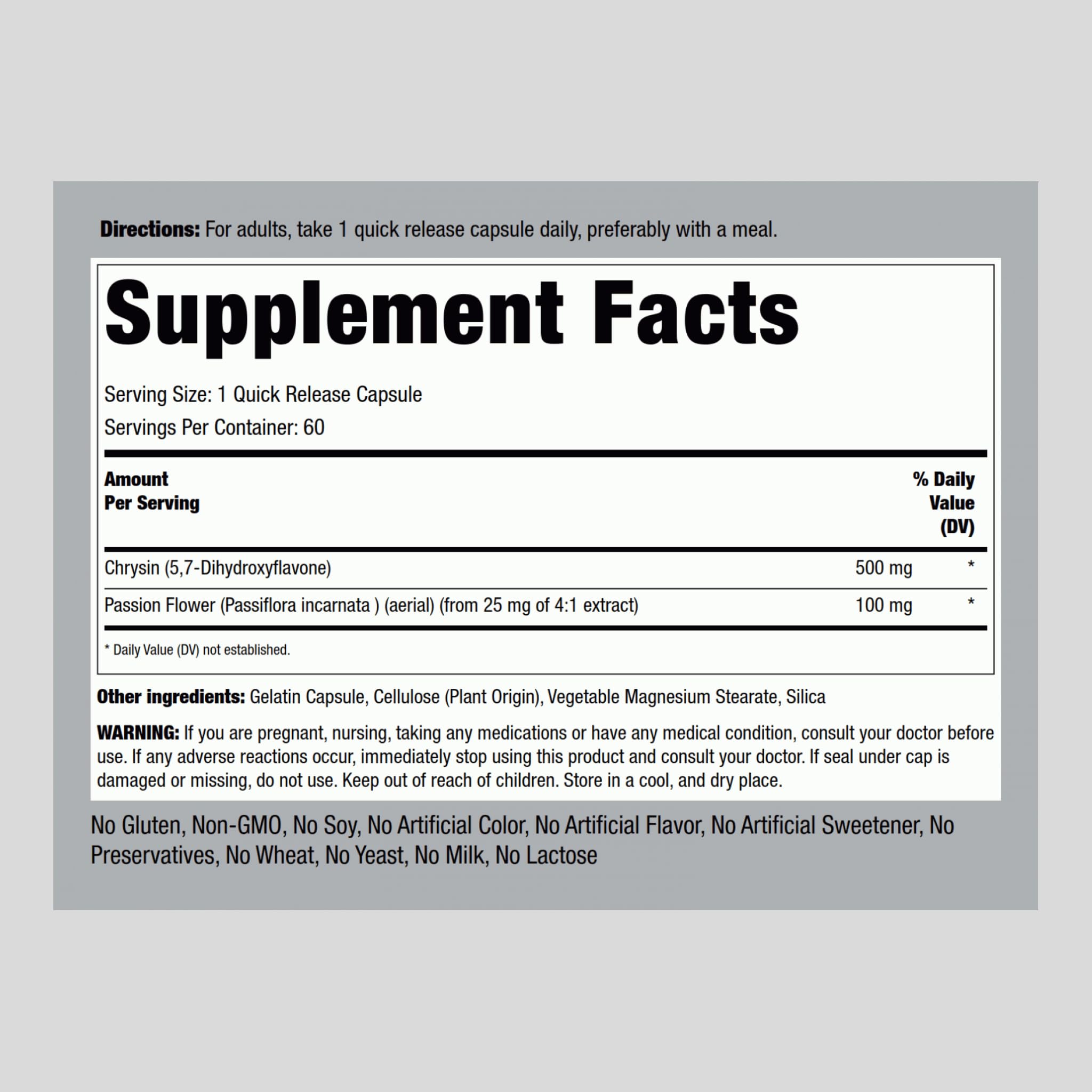 Foto 3 pulgar | Suplemento Piping Rock Chrysin 500 Mg Con Pasiflora 60 Cápsulas - Venta Internacional.