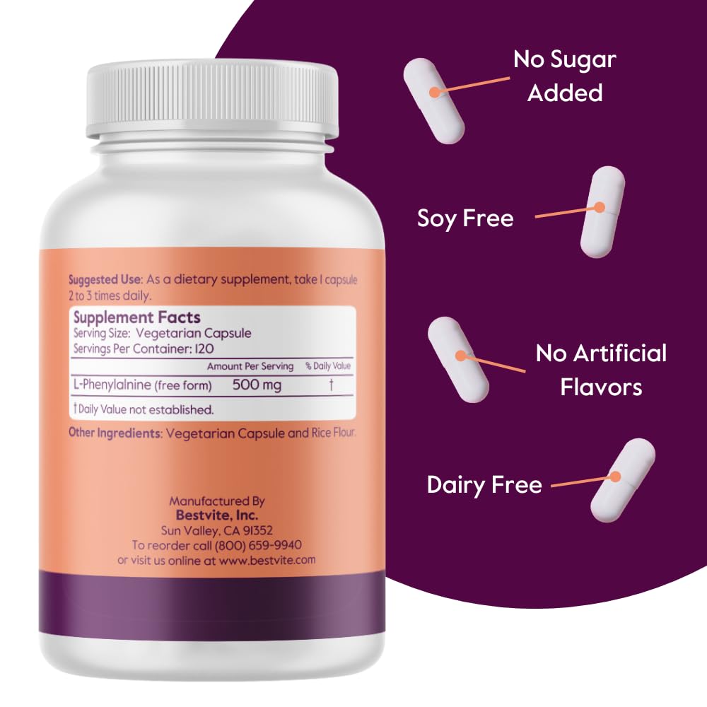 Foto 3 pulgar | Suplemento Bestvite L-fenilalanina 500 Mg (240 Cápsulas) X2 - Venta Internacional.