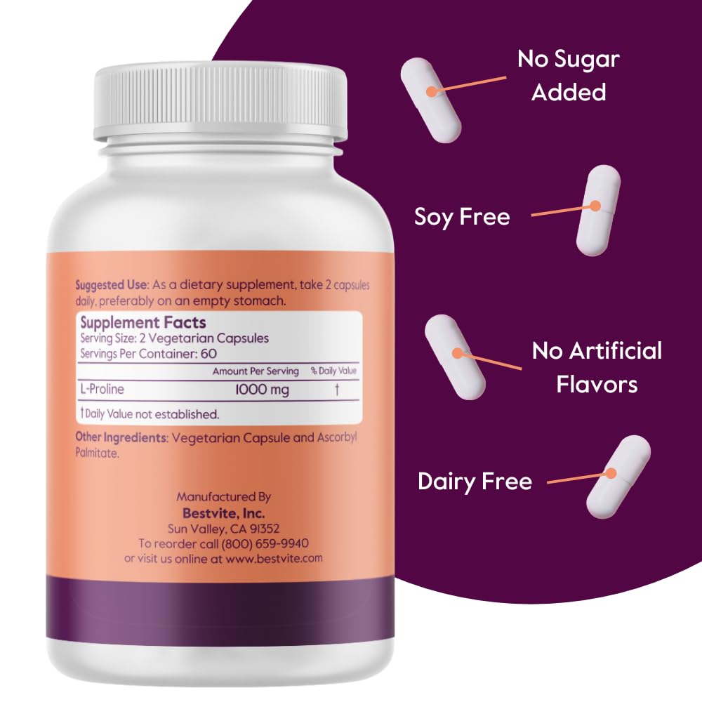 Foto 3 pulgar | Suplemento Bestvite L-prolina 500 Mg (120 Cápsulas) Vegano - Venta Internacional.