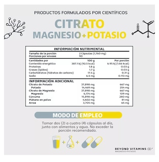 Foto 5 | Citrato de Magnesio + Potasio 1500 mg Beyond Vitamins con Plátano en Polvo 180 Cápsulas
