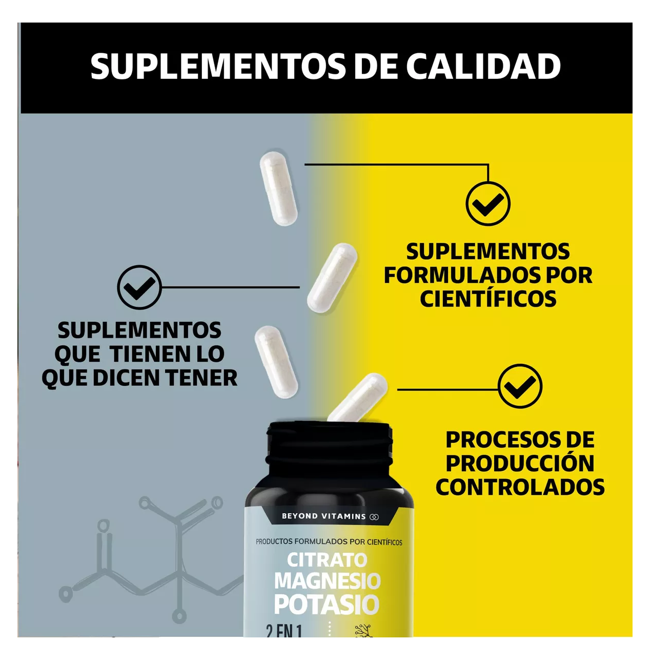 Foto 3 pulgar | Suplemento de Citrato de Magnesio y Potasio 1500mg con Plátano en Polvo - 180 Cápsulas Veganas