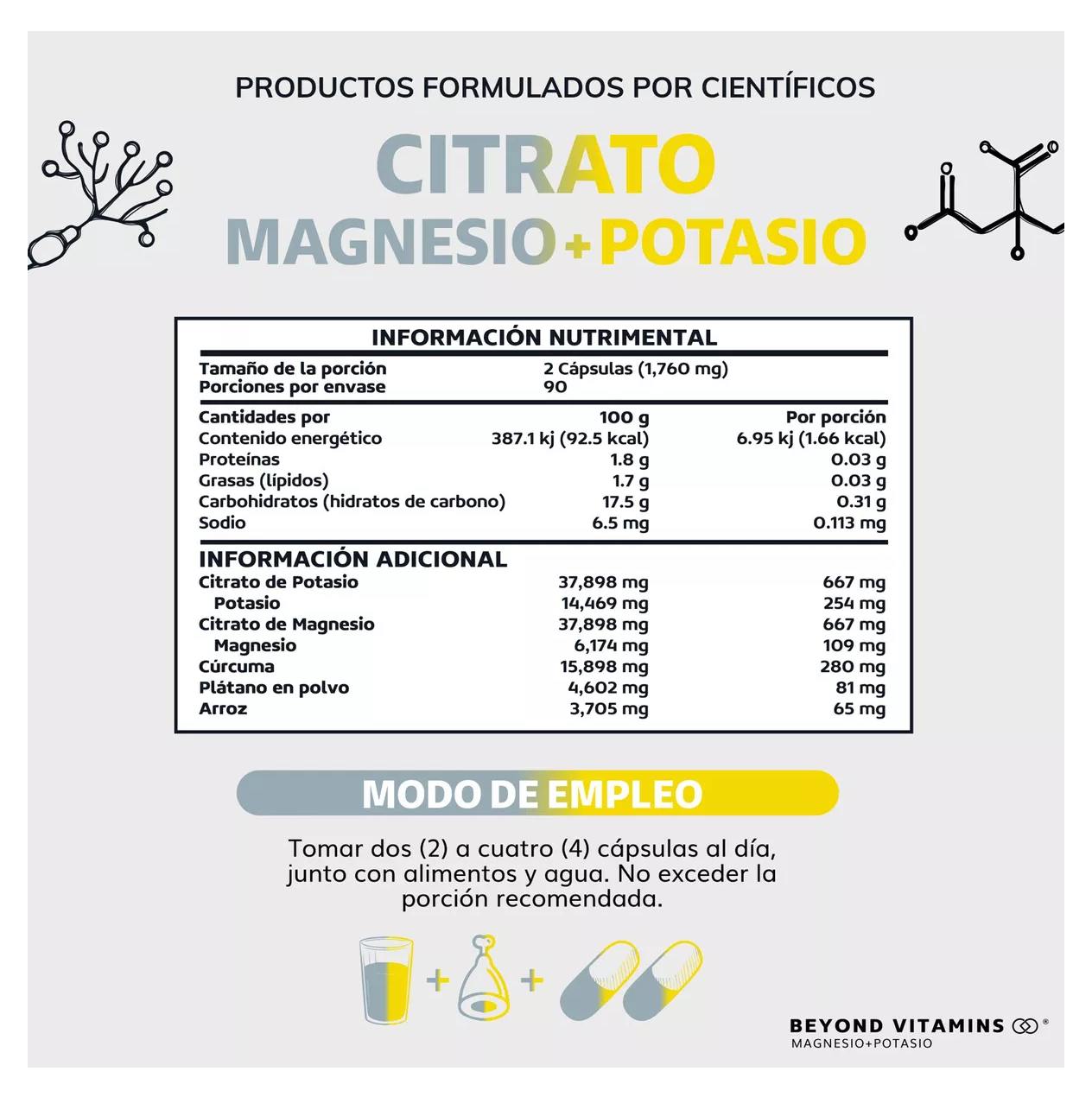 Foto 6 pulgar | Suplemento de Citrato de Magnesio y Potasio 1500mg con Plátano en Polvo - 180 Cápsulas Veganas