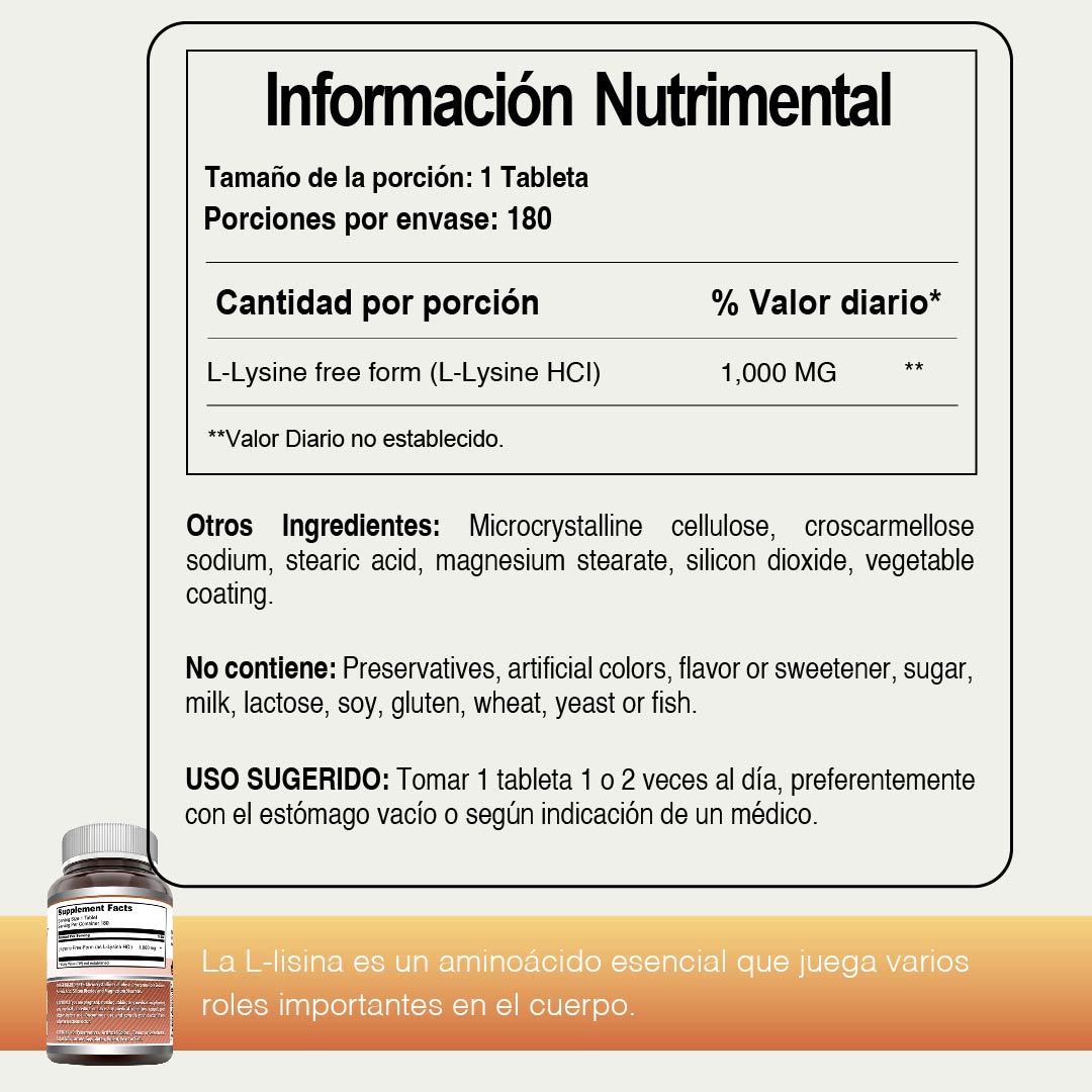 Foto 5 pulgar | Amazing Nutrition L-lysine 1000 Mg Lisina Apoyo Sistema Inmunológico 180 Tabletas