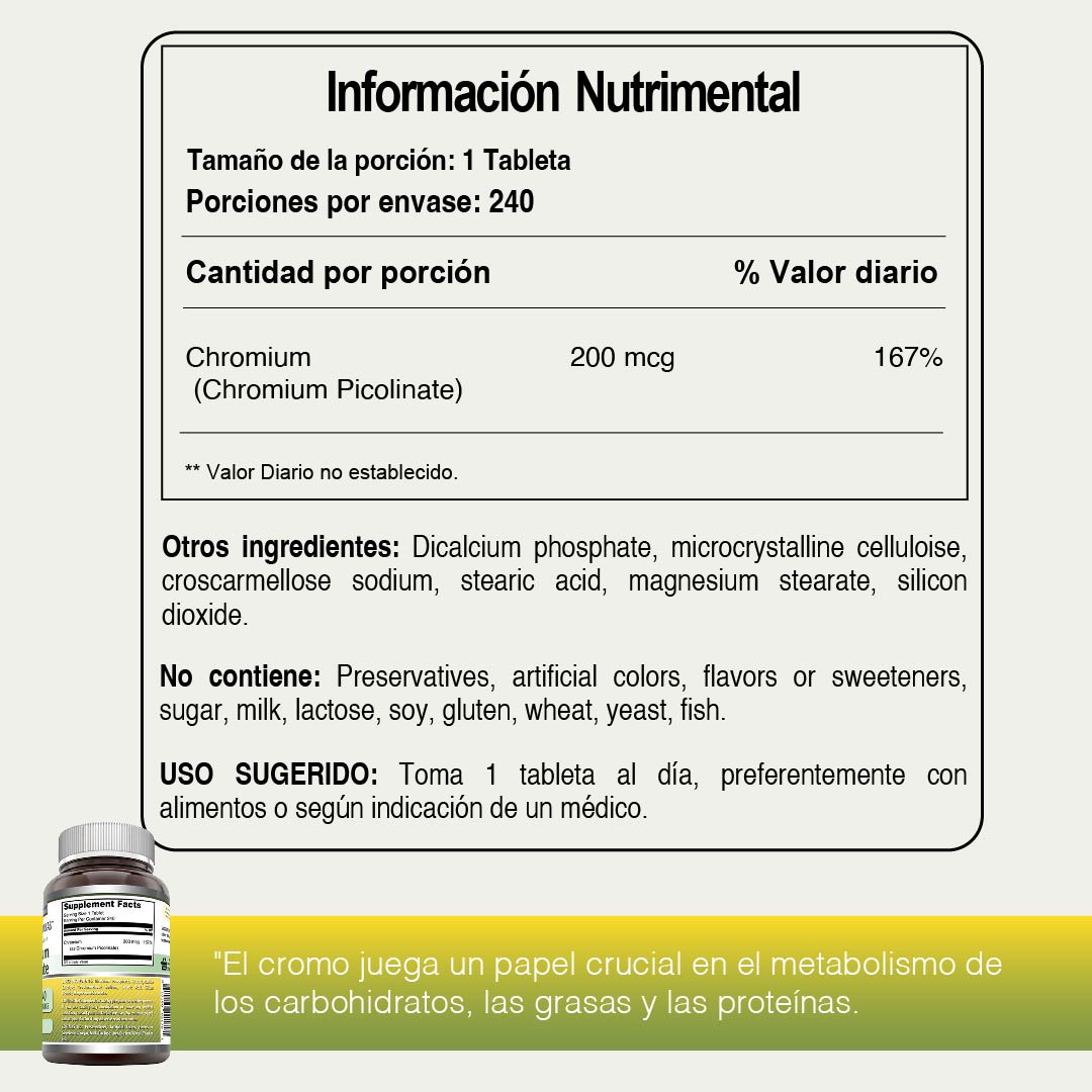 Foto 5 pulgar | Amazing Nutrition, Picolinato De Cromo Regulación Del Azúcar Perdida De Peso 240 Tabletas