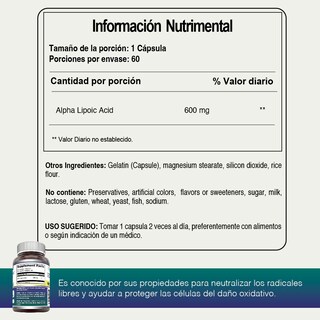 Foto 4 | Amazing Formulas Alpha Lipoic Acid 600 Mg Ácido Lipoico Antioxidante Antiinflamatorias 60 Cápsulas