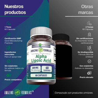 Foto 5 | Amazing Formulas Alpha Lipoic Acid 600 Mg Ácido Lipoico Antioxidante Antiinflamatorias 60 Cápsulas