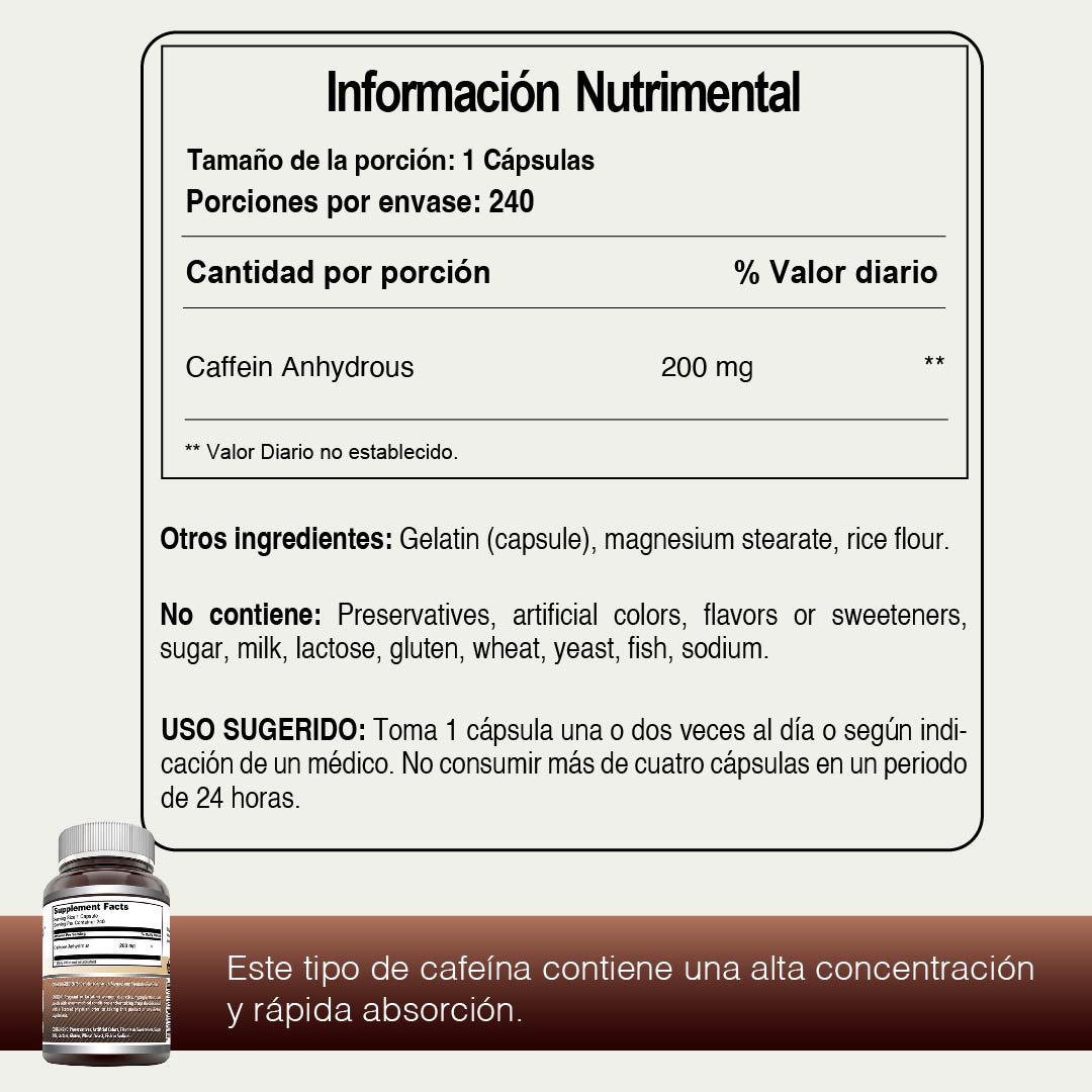 Foto 5 pulgar | Amazing Formulas Caffeine 200mg Cafeína Energía Ejercicio Estimulación Del Metabolismo240 Cápsulas