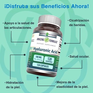 Foto 2 | Amazing Formulas Hyaluronic Acid 100 Mg Salud De La Piel Lubricación Articular Acido Hialuronico 120 Cápsulas