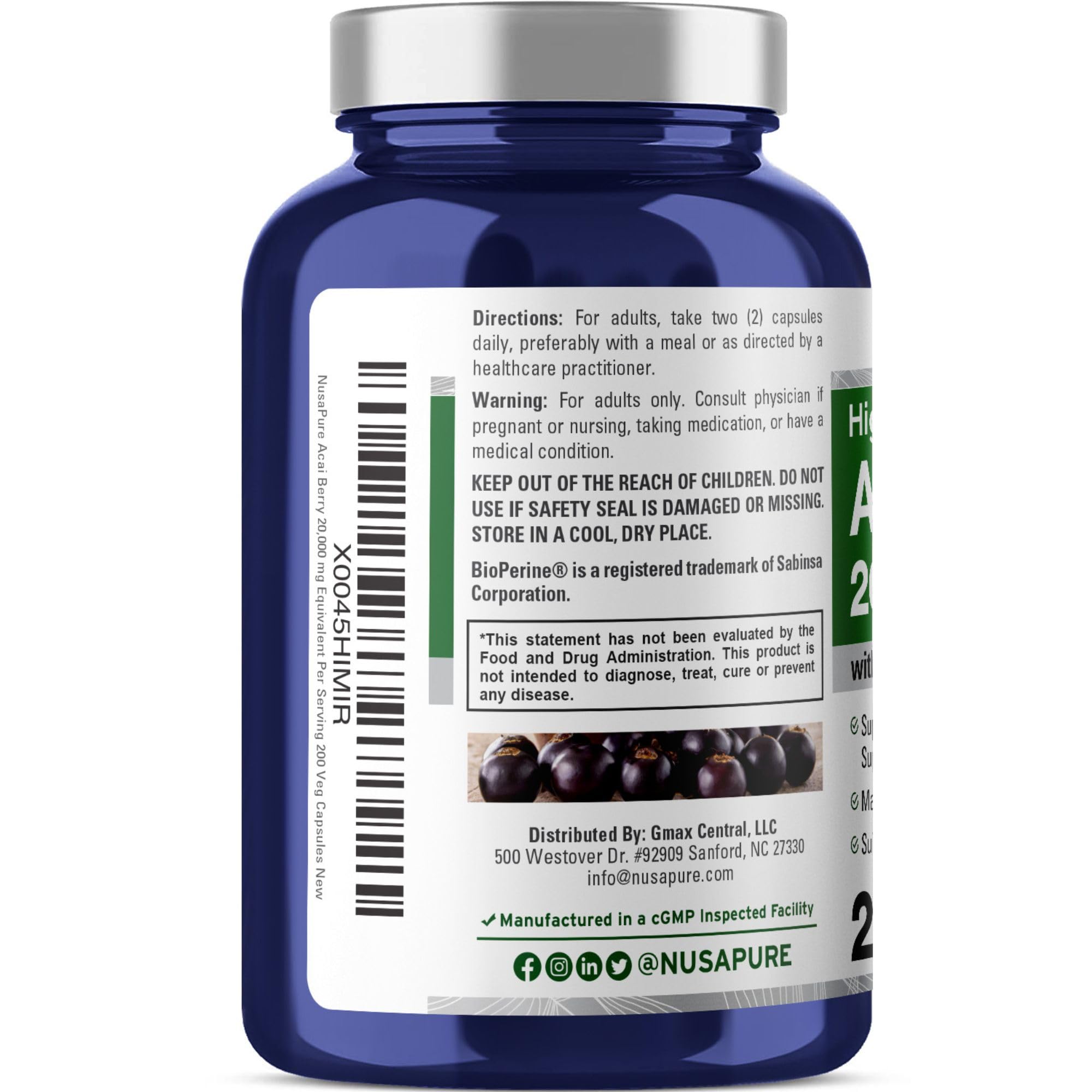 Foto 4 pulgar | Suplemento Nusapure Acai Berry, 2000 Mg, 200 Cápsulas Vegetarianas - Venta Internacional.