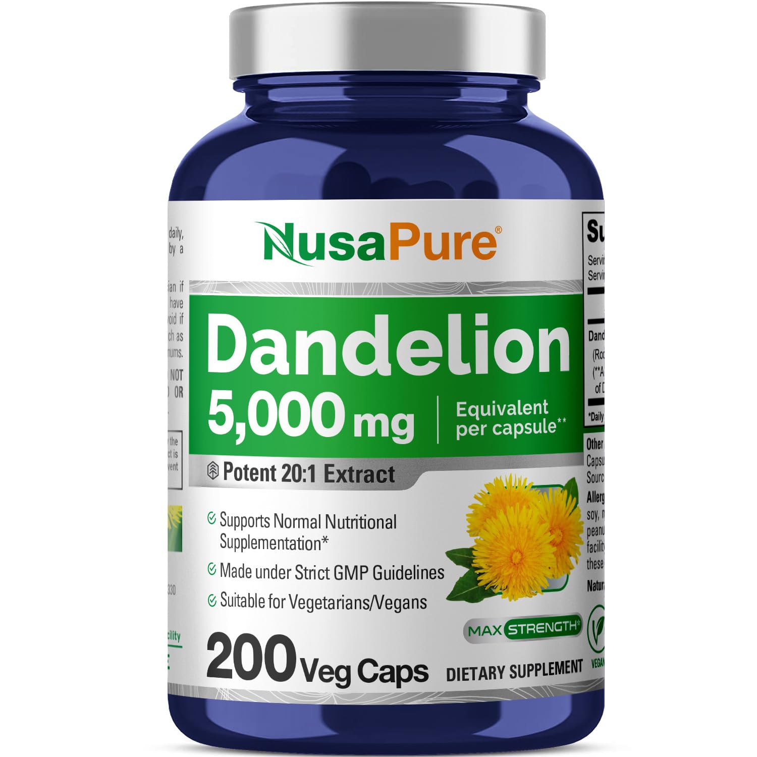 Foto 2 pulgar | Suplemento De Extracto De Raíz De Diente De León Nusapure, 5000 Mg, 200 Cápsulas - Venta Internacional.