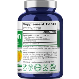 Foto 2 | Suplemento De Extracto De Raíz De Diente De León Nusapure, 5000 Mg, 200 Cápsulas - Venta Internacional.