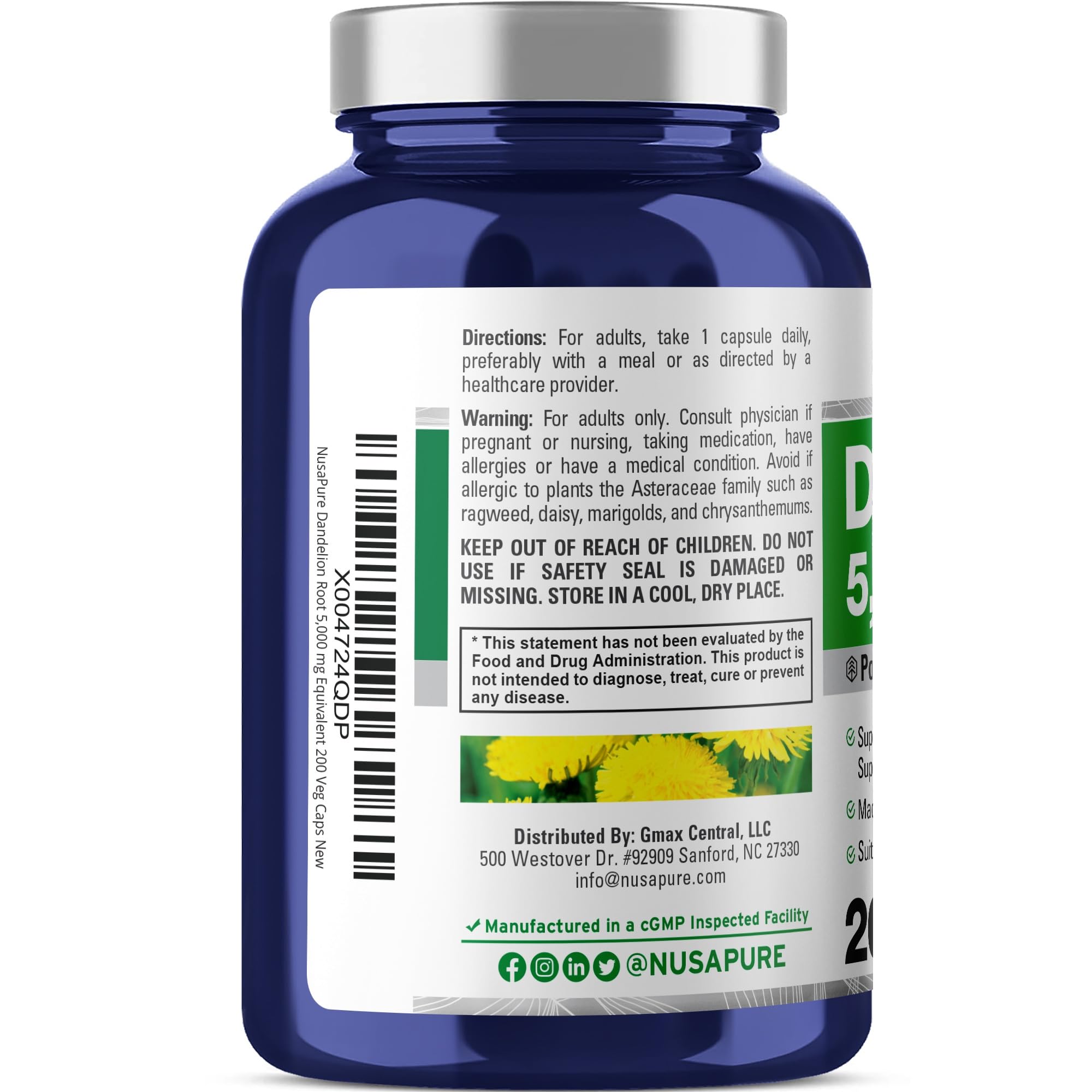 Foto 4 pulgar | Suplemento De Extracto De Raíz De Diente De León Nusapure, 5000 Mg, 200 Cápsulas - Venta Internacional.