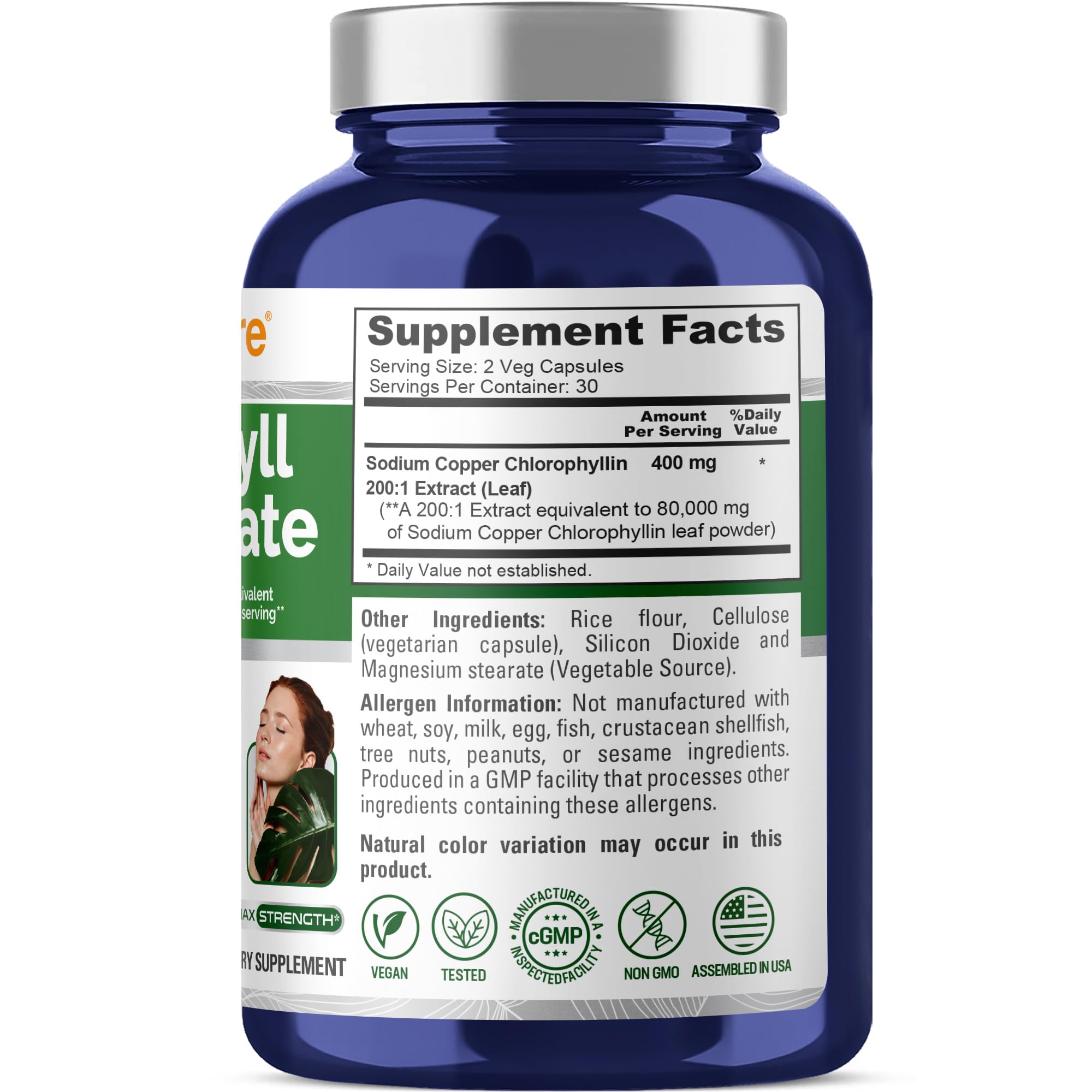 Foto 3 pulgar | Suplemento Nusapure Chlorophyll 400 Mg 60 Cápsulas Vegetarianas - Venta Internacional.