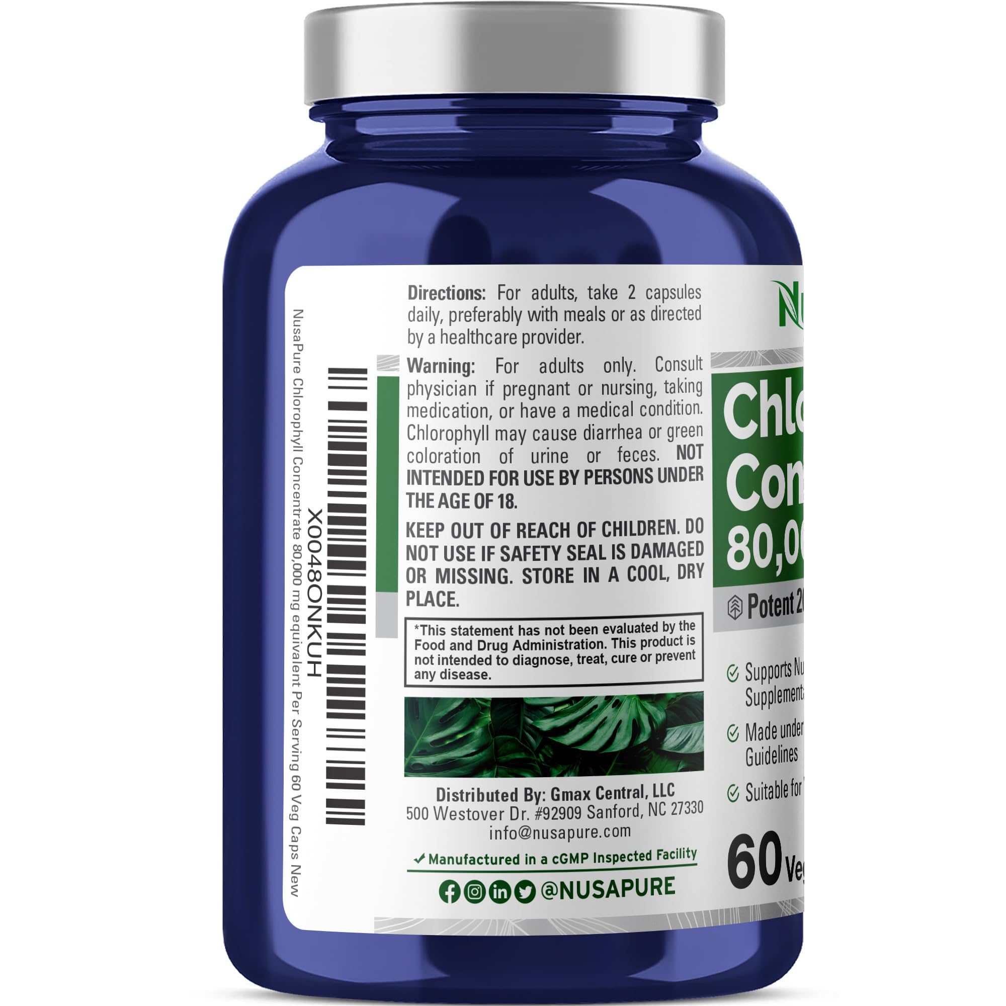 Foto 4 pulgar | Suplemento Nusapure Chlorophyll 400 Mg 60 Cápsulas Vegetarianas - Venta Internacional.