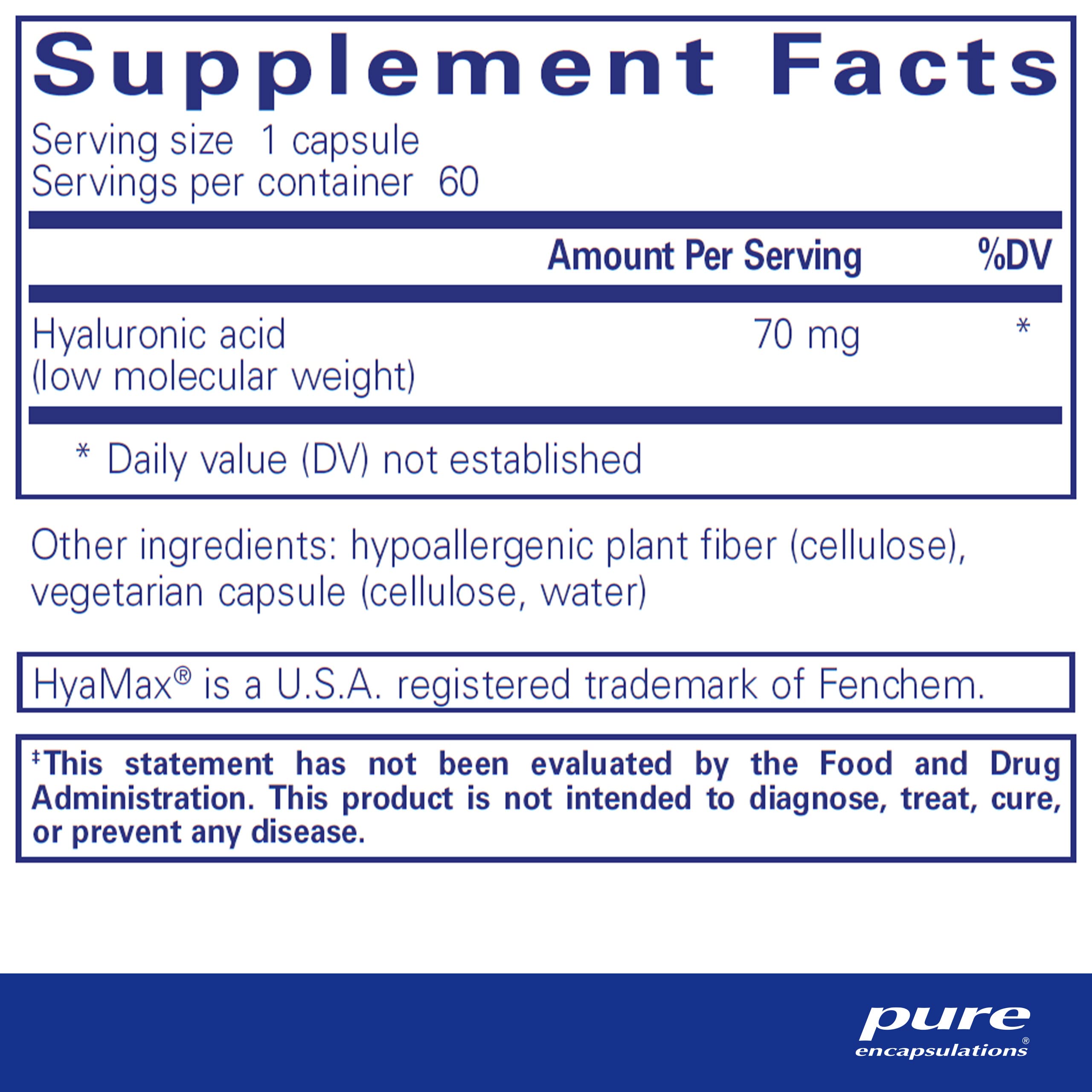 Foto 3 pulgar | Suplemento De Ácido Hialurónico Pure Encapsulations 60 Cápsulas - Venta Internacional.