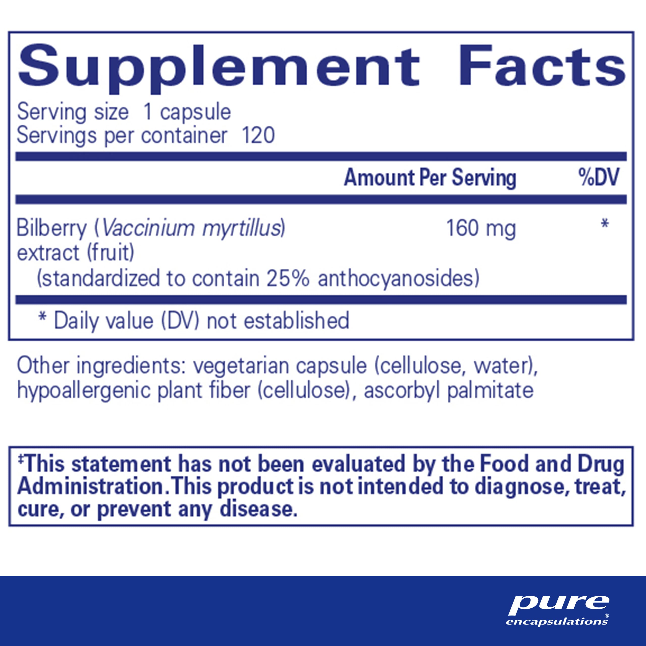 Foto 3 pulgar | Suplemento Pure Encapsulations Bilberry 160 Mg 120 Cápsulas - Venta Internacional.