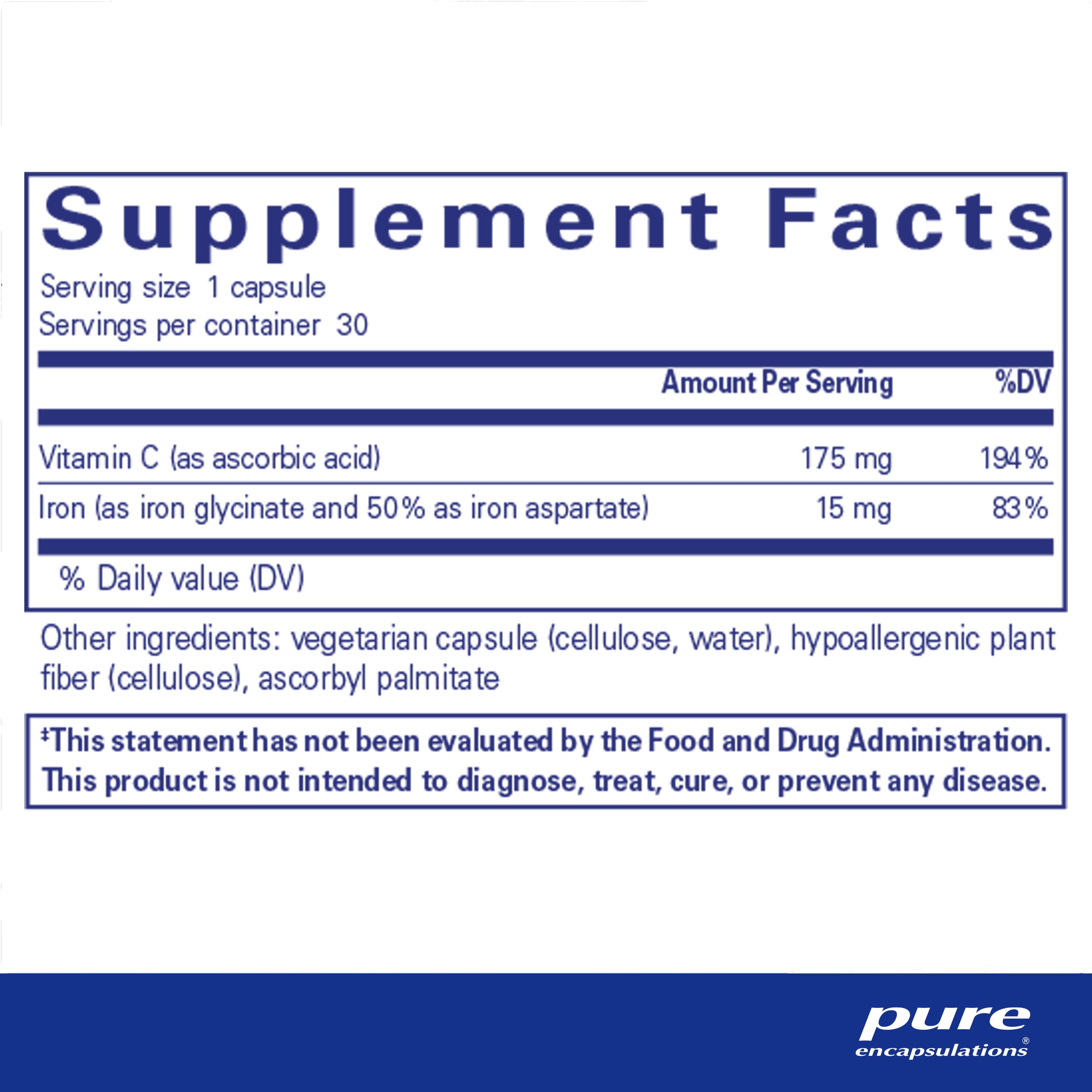 Foto 3 pulgar | Supplement Pure Encapsulations, Hierro Y Vitamina C, 30 Cápsulas - Venta Internacional.
