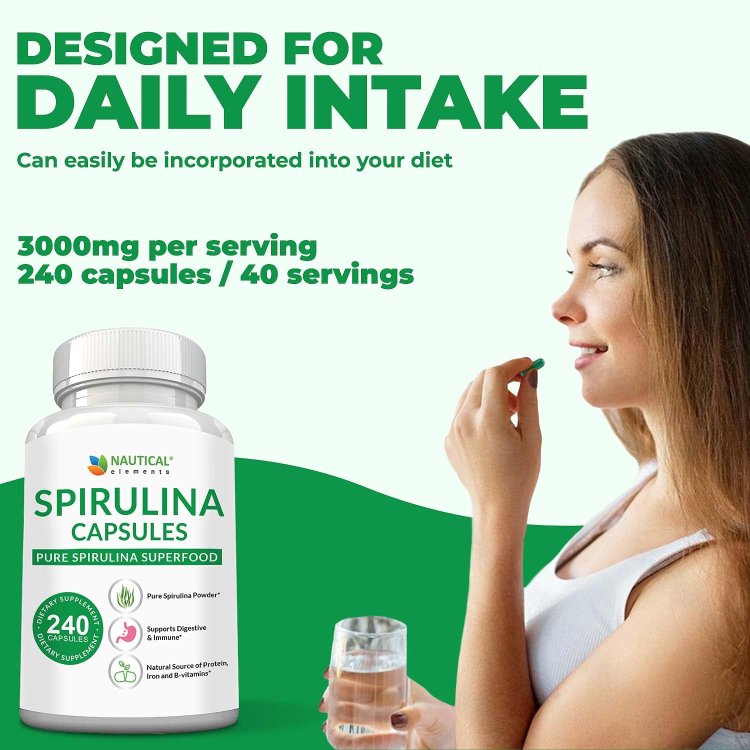 Foto 7 pulgar | Suplemento Nautical Elements Spirulina 3000 Mg 240 Cápsulas - Venta Internacional.