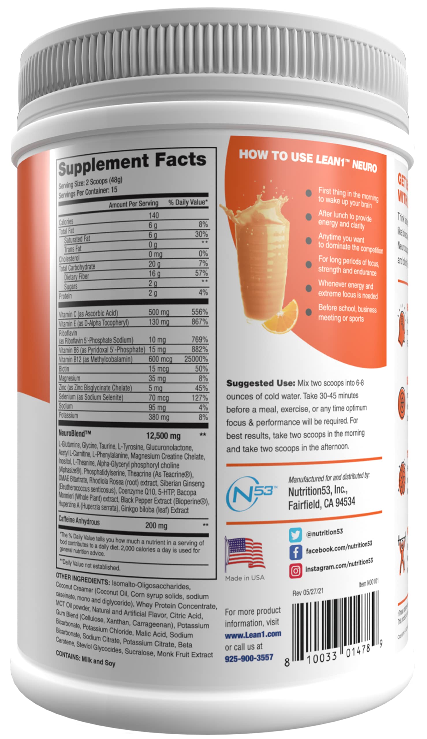 Foto 3 pulgar | Suplemento Lean1 Neuro Mental Energy, Bebida En Polvo, Naranja, 15 G - Venta Internacional.
