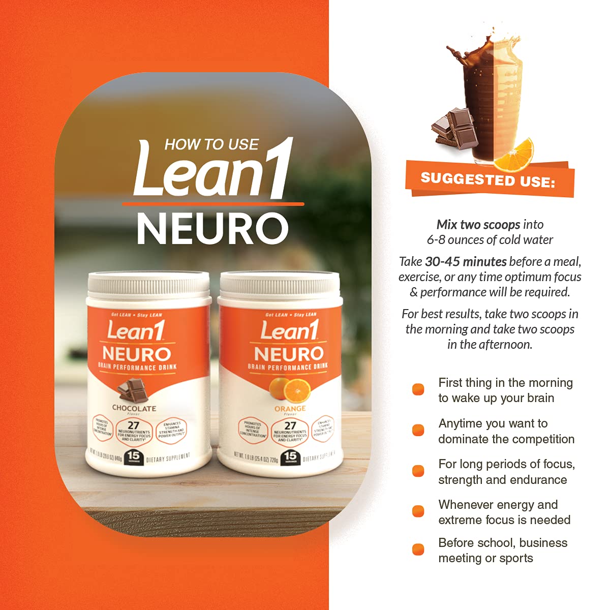 Foto 5 pulgar | Suplemento Lean1 Neuro Mental Energy, Bebida En Polvo, Naranja, 15 G - Venta Internacional.