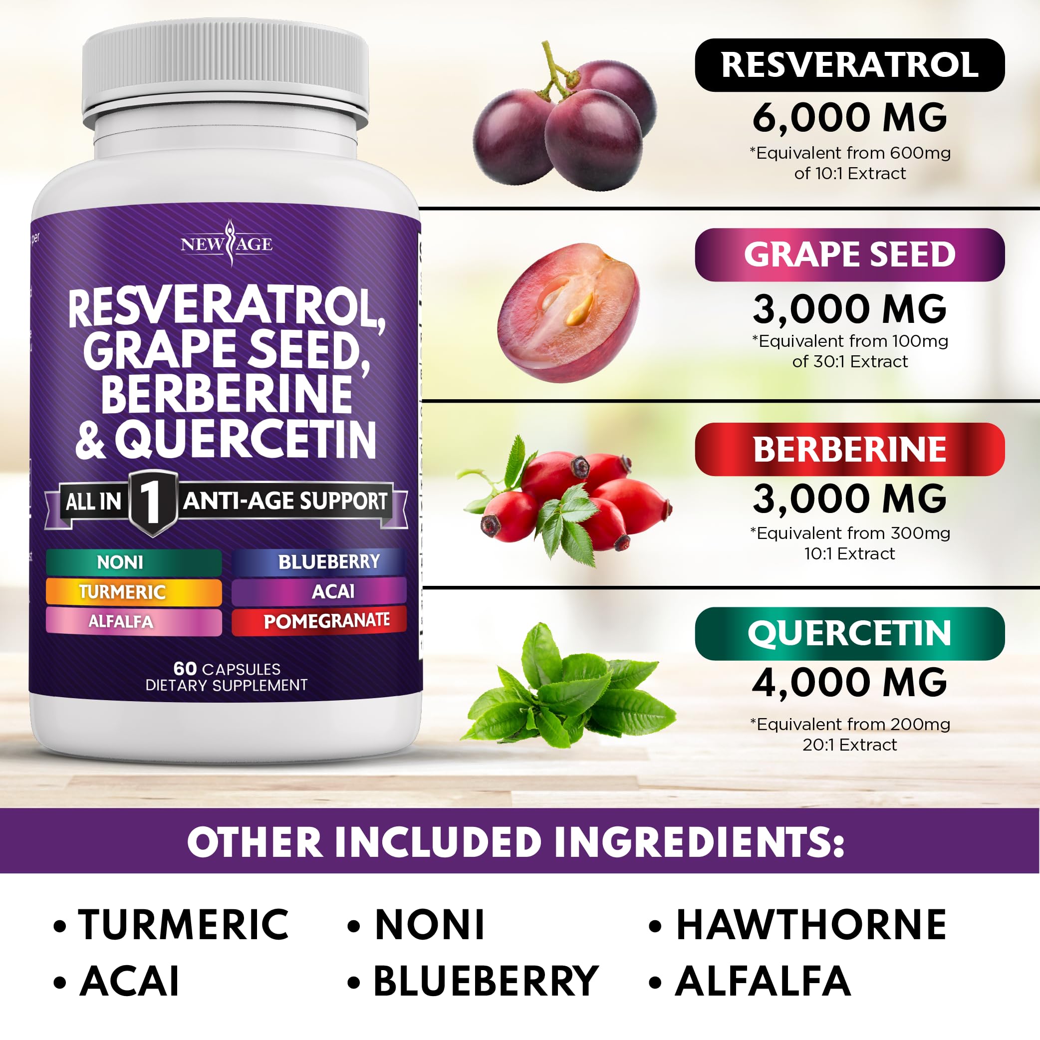 Foto 4 pulgar | Suplemento New Age Resveratrol 6000 Mg Berberina 3000 Mg 60 Cápsulas - Venta Internacional.
