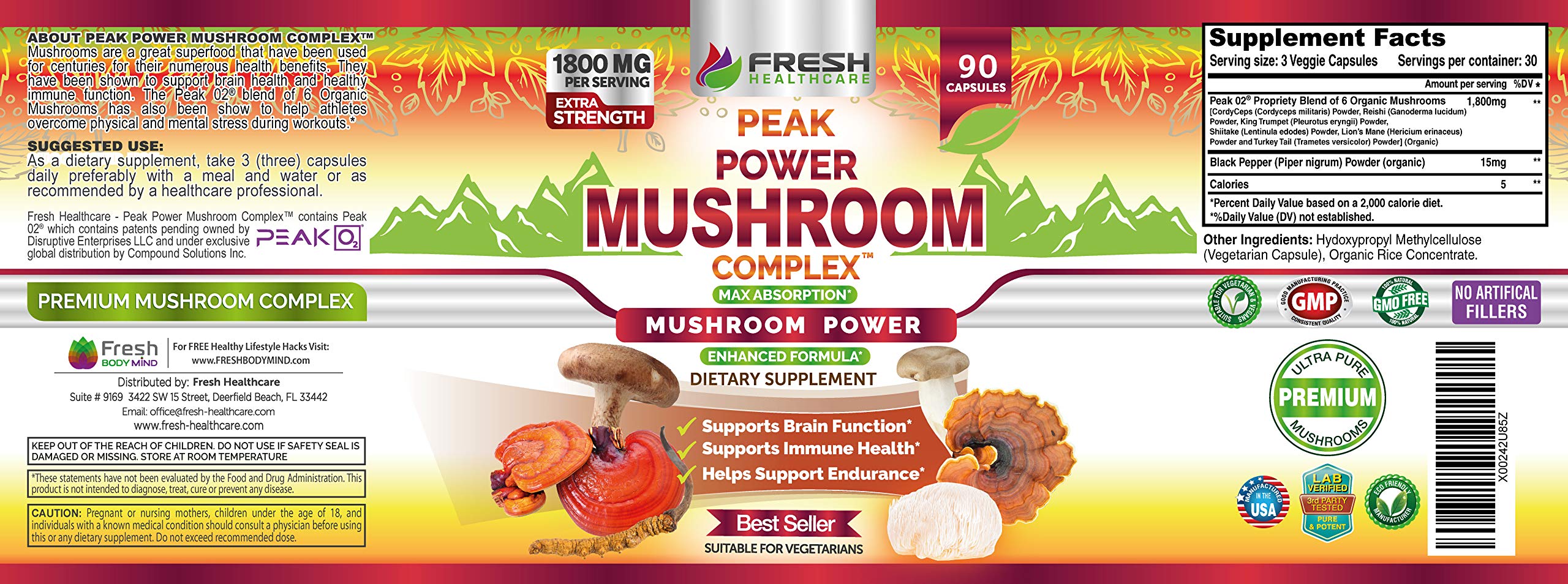 Foto 8 pulgar | Suplemento Fresh Healthcare Peak Power Mushroom 90 Cápsulas - Venta Internacional.