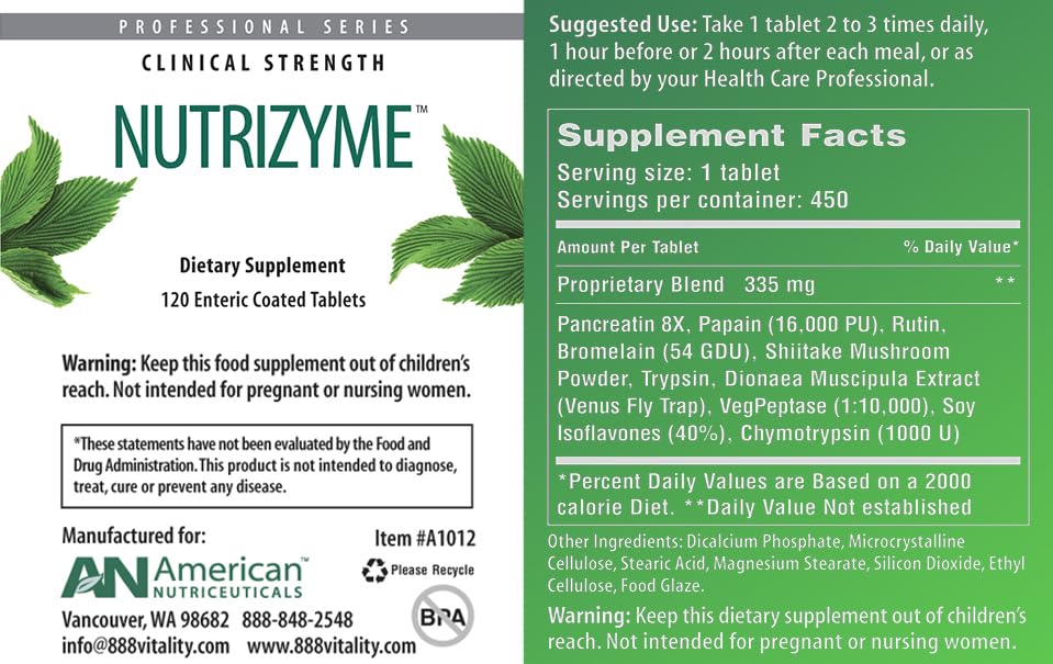 Foto 4 pulgar | Suplemento American Nutriceuticals Nutrizyme 450 Comprimidos - Venta Internacional.