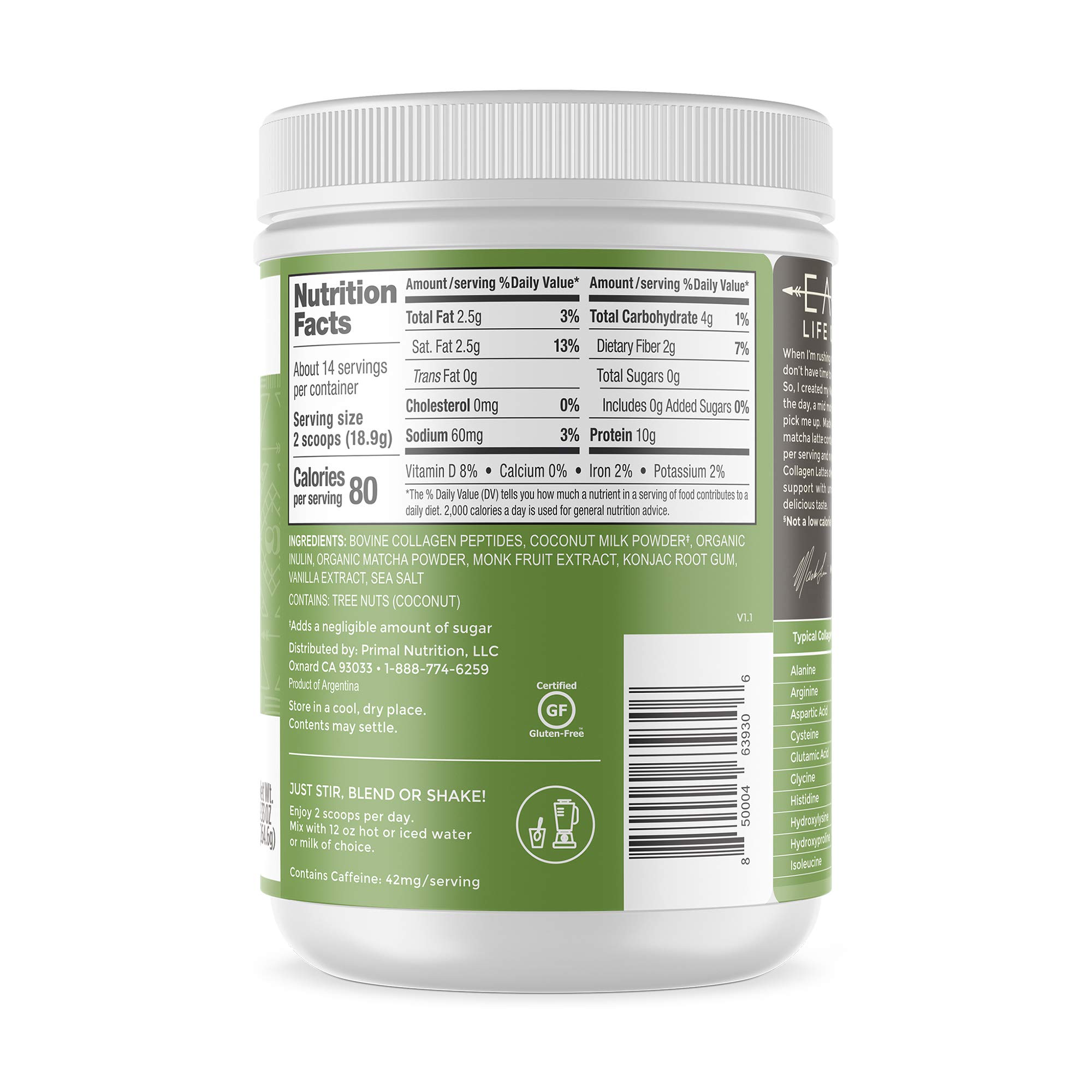 Foto 3 pulgar | Collagen Keto Latte En Polvo Primal Kitchen Matcha 275 Ml - Venta Internacional.