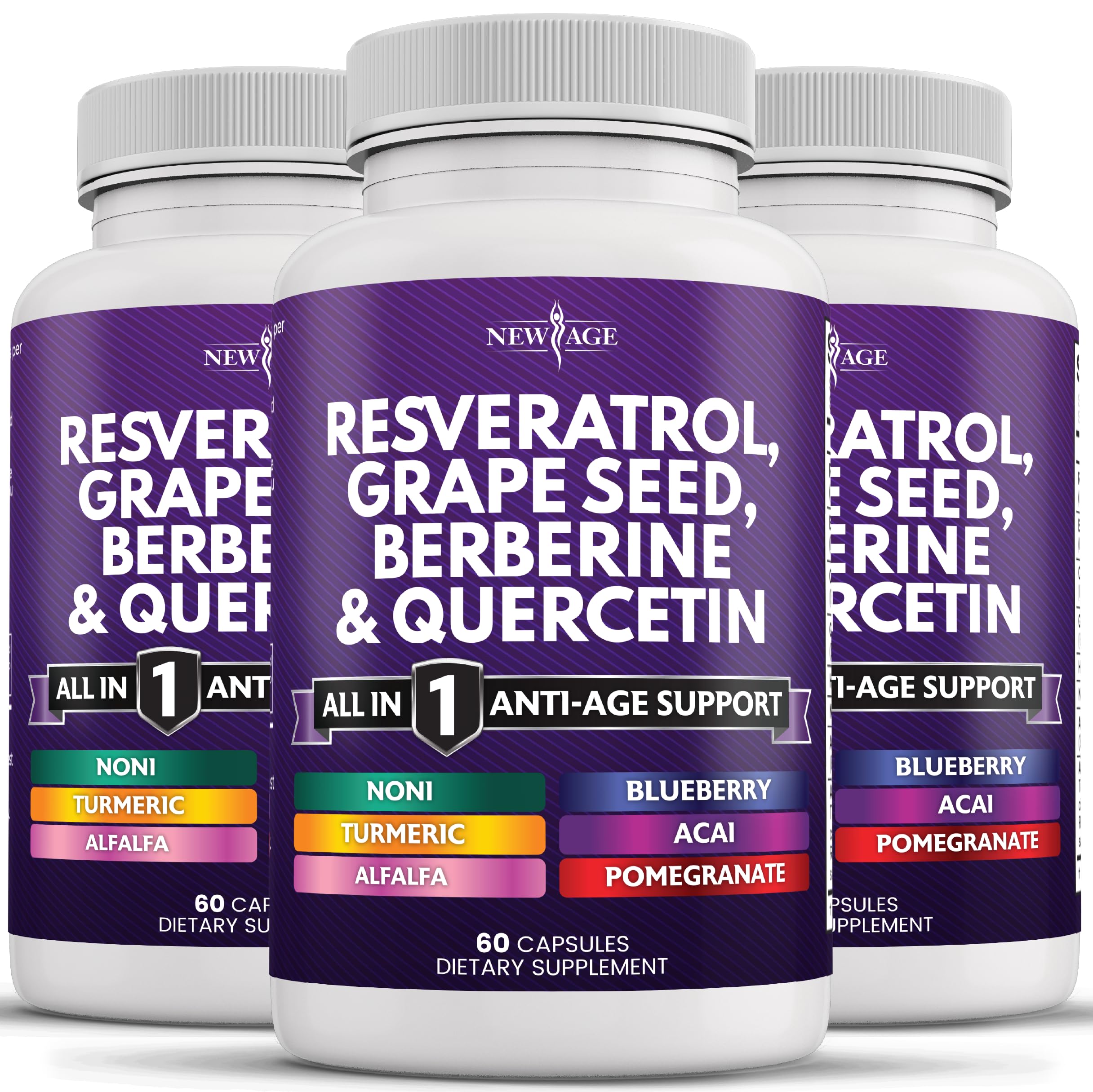 Suplemento New Age Resveratrol, 6000 Mg, Berberina, 3000 Mg, 180 Cápsulas - Venta Internacional.
