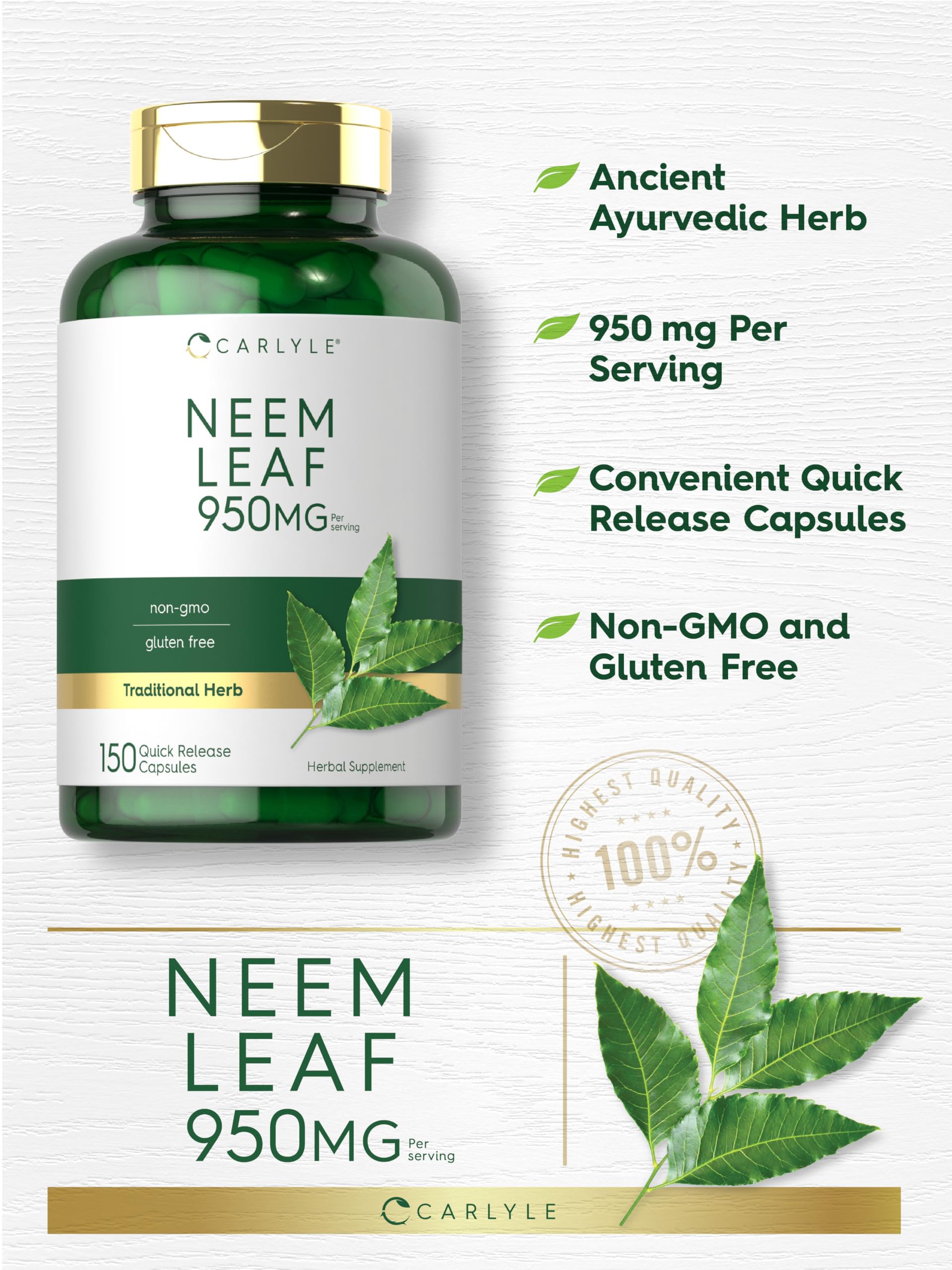Foto 5 pulgar | Suplemento Carlyle Neem Leaf 950 Mg 150 Cápsulas En Polvo - Venta Internacional.