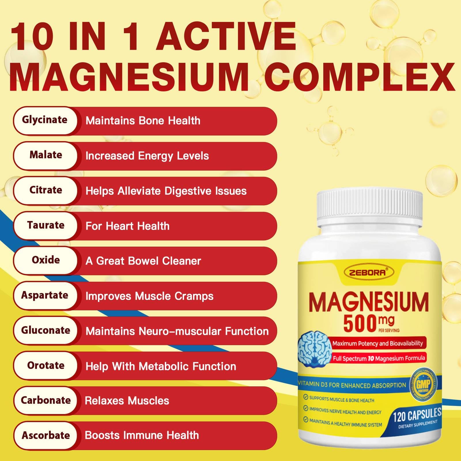 Foto 3 pulgar | Suplemento Zebora Magnesium Complex 500 mg con Vitamina D3 y Zinc - Venta Internacional