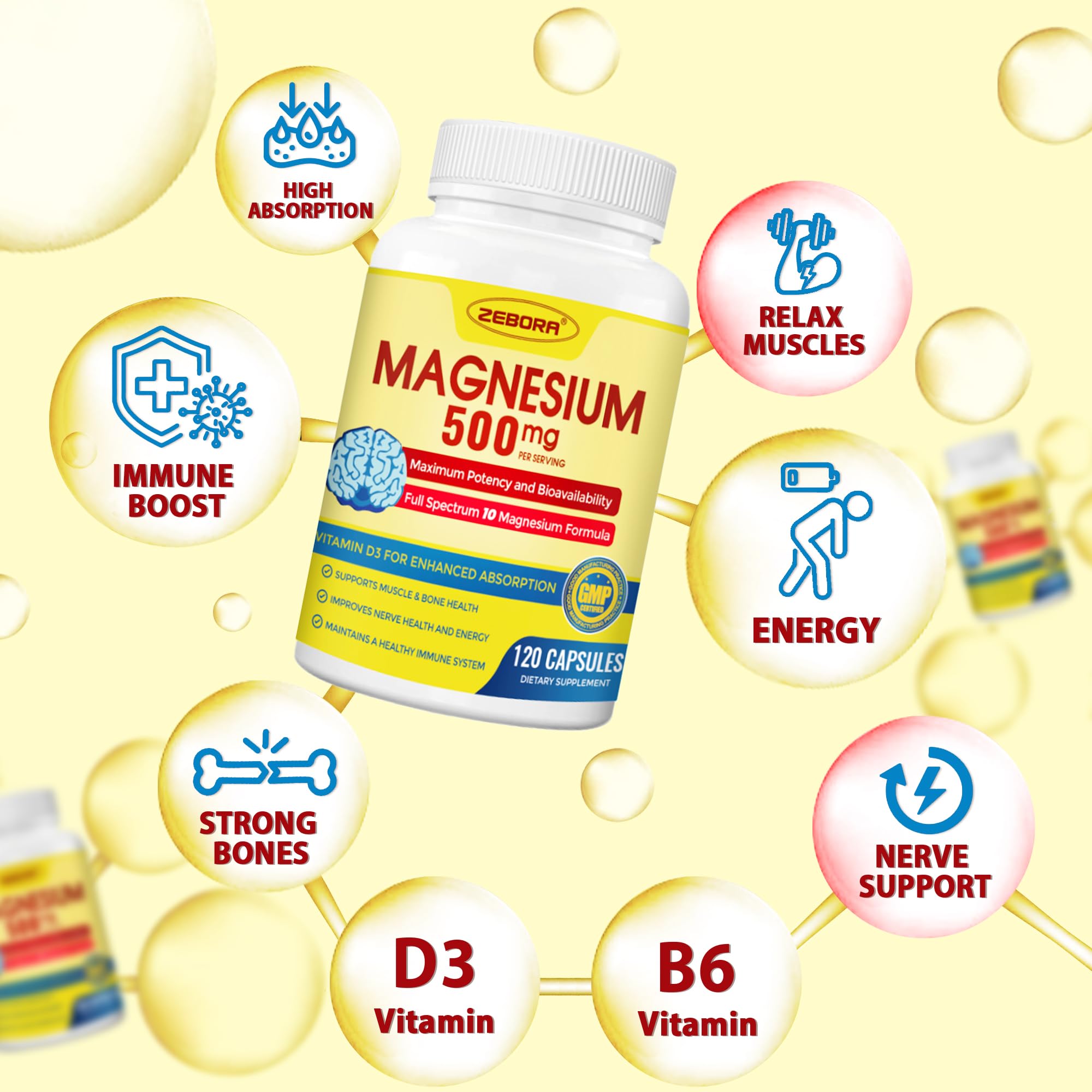 Foto 4 pulgar | Suplemento Zebora Magnesium Complex 500 mg con Vitamina D3 y Zinc - Venta Internacional