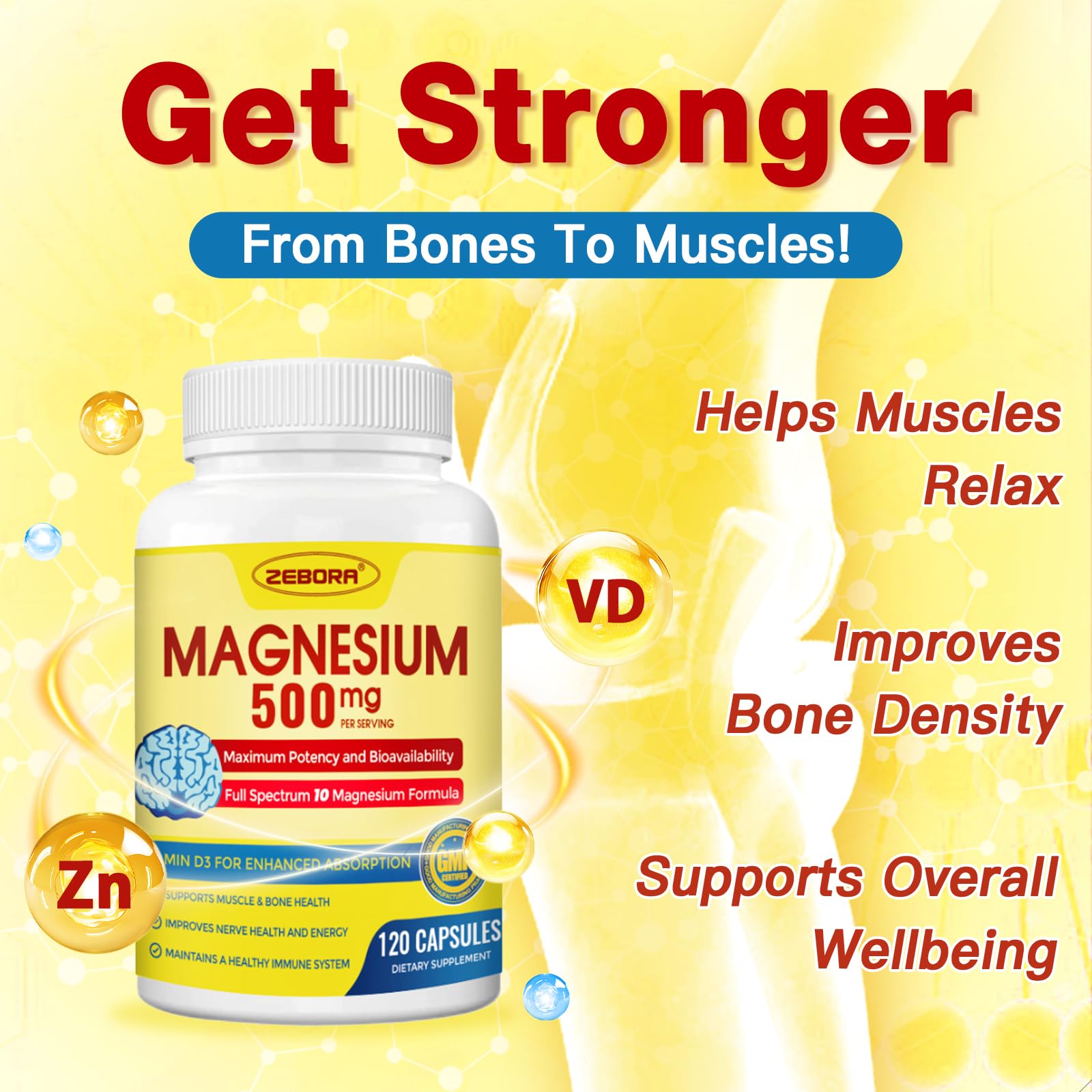 Foto 5 pulgar | Suplemento Zebora Magnesium Complex 500 mg con Vitamina D3 y Zinc - Venta Internacional