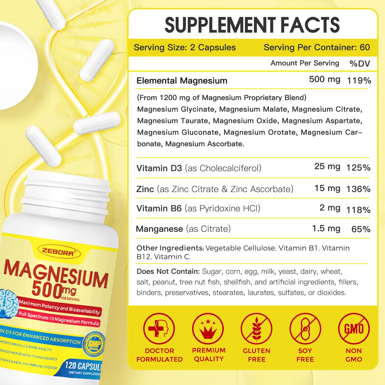 Foto 8 pulgar | Suplemento Zebora Magnesium Complex 500 mg con Vitamina D3 y Zinc - Venta Internacional
