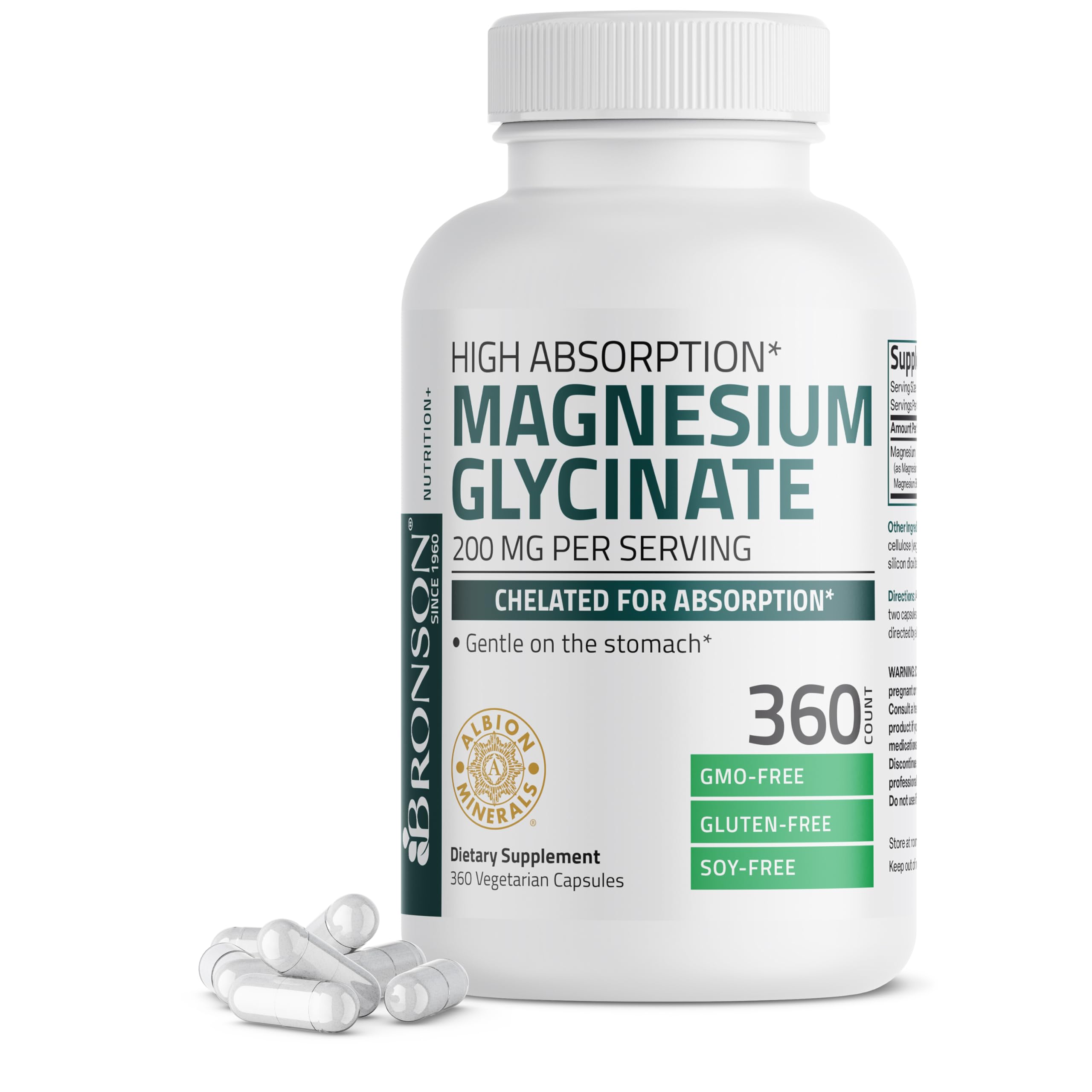 Suplemento de Glicinato de Magnesio Bronson 200 mg 360 Cápsulas - Venta Internacional