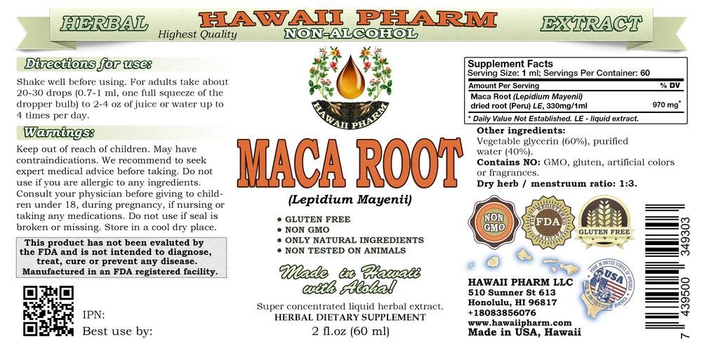 Foto 3 pulgar | Suplemento Hawaiipharm De Extracto Sin Alcohol De Raíz De Maca, 60 Ml - Venta Internacional.