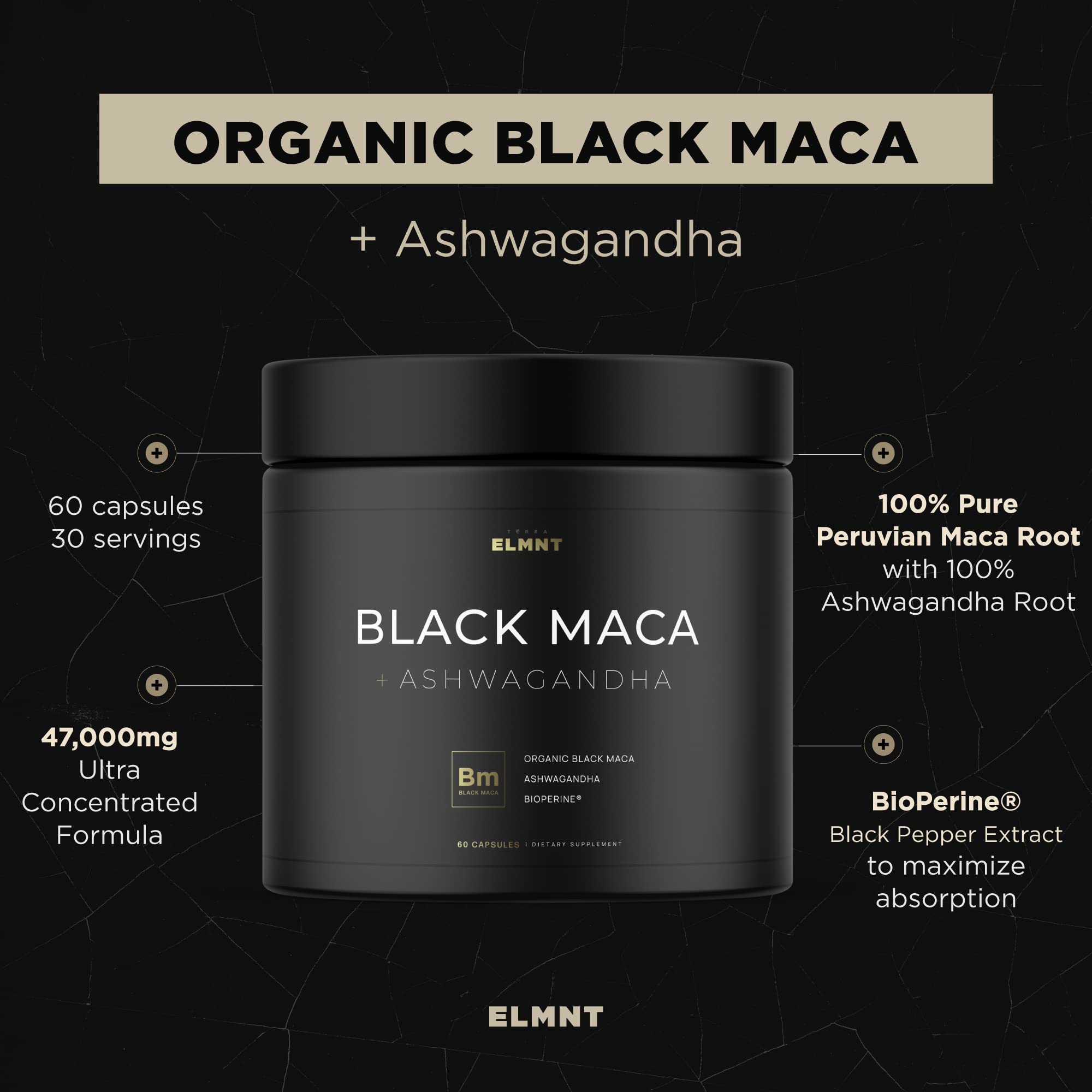 Foto 7 pulgar | Suplemento De Raíz De Maca Negra Orgánica Terra Elmnt 60 Cápsulas- Venta Internacional