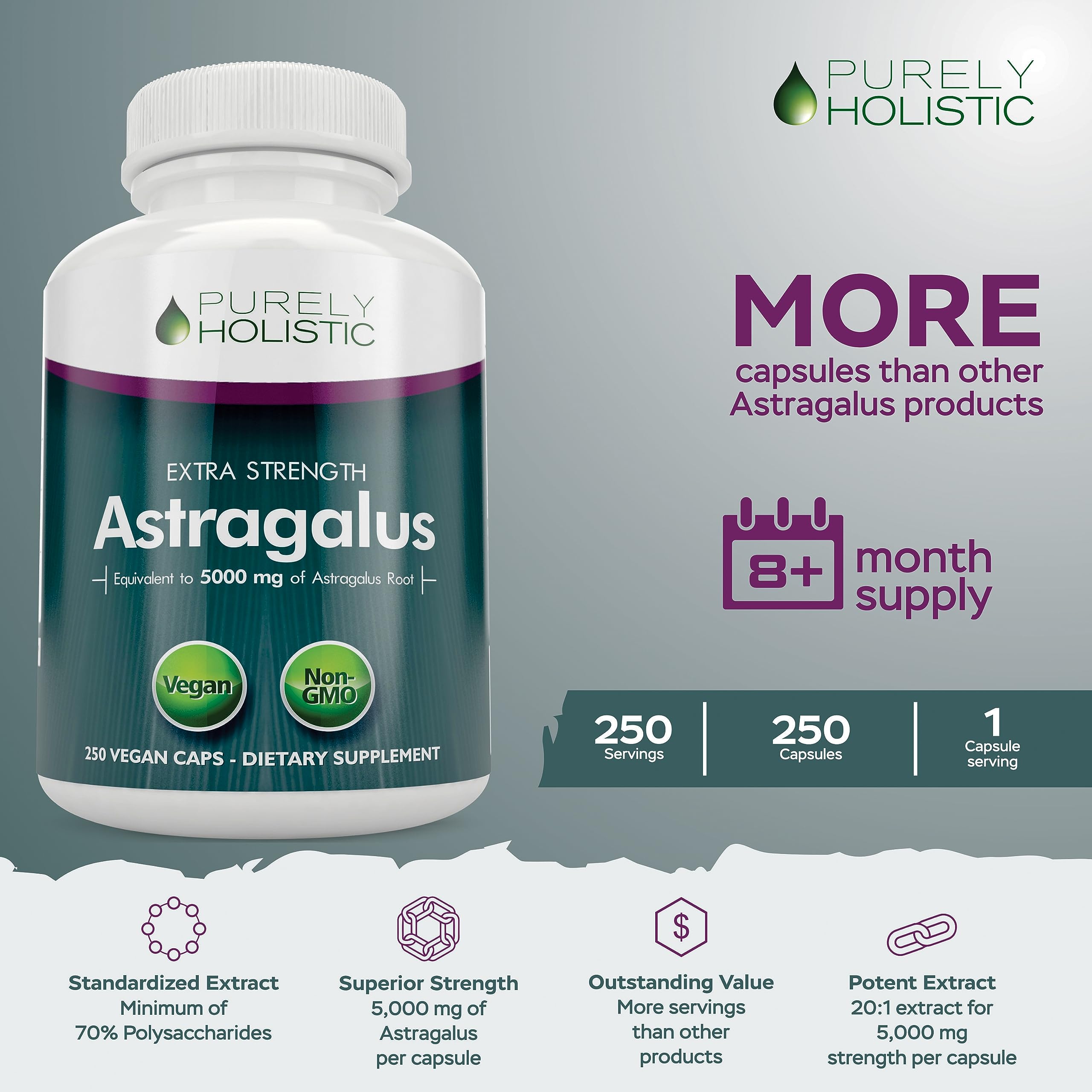 Foto 3 pulgar | Suplemento De Astrágalo Purely Holistic 5000 Mg 250 Cápsulas - Venta Internacional.
