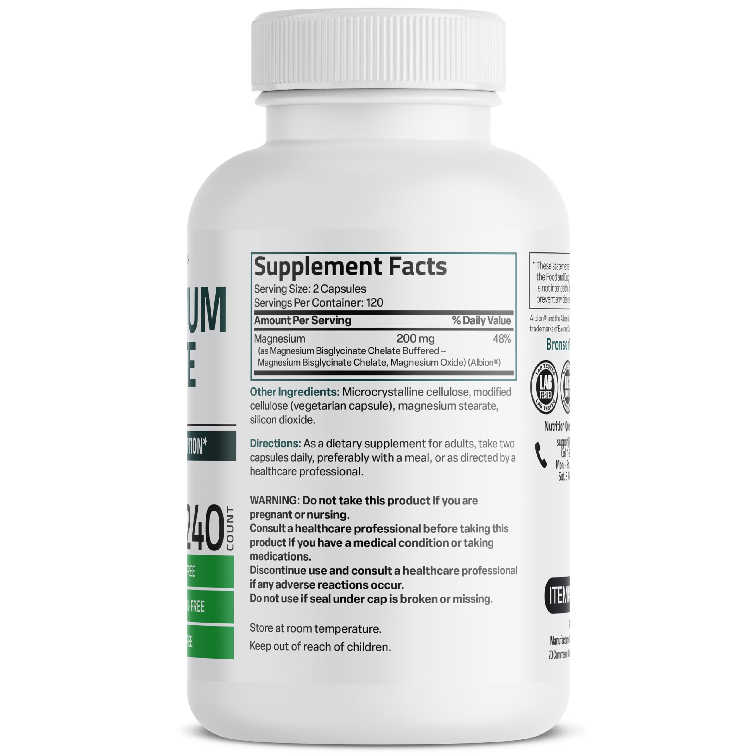 Foto 3 pulgar | Suplemento de Glicinato de Magnesio Bronson 200 mg 240 Cápsulas - Venta Internacional